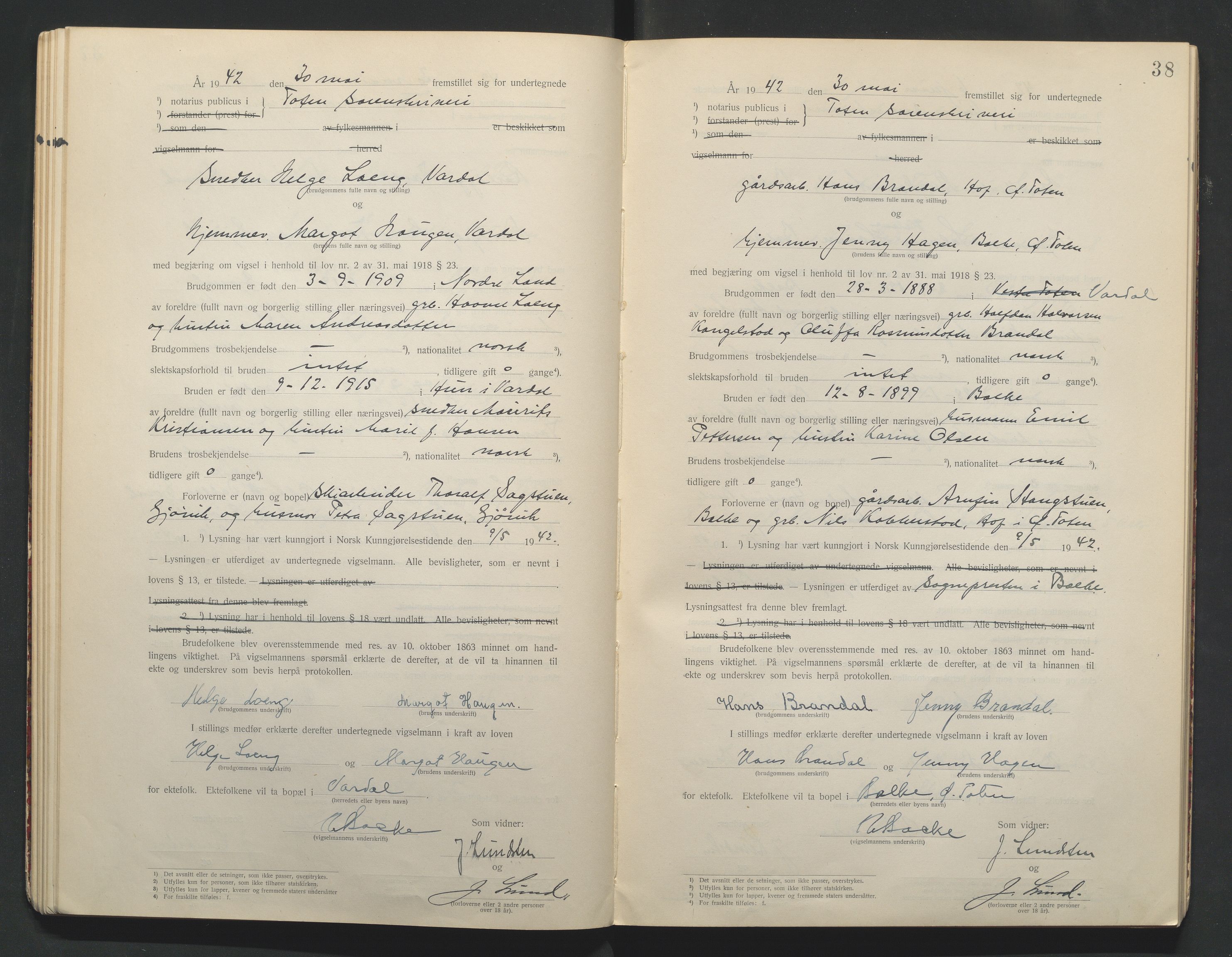Toten tingrett, AV/SAH-TING-006/L/Lc/L0001: Vigselbok, 1920-1942, s. 38