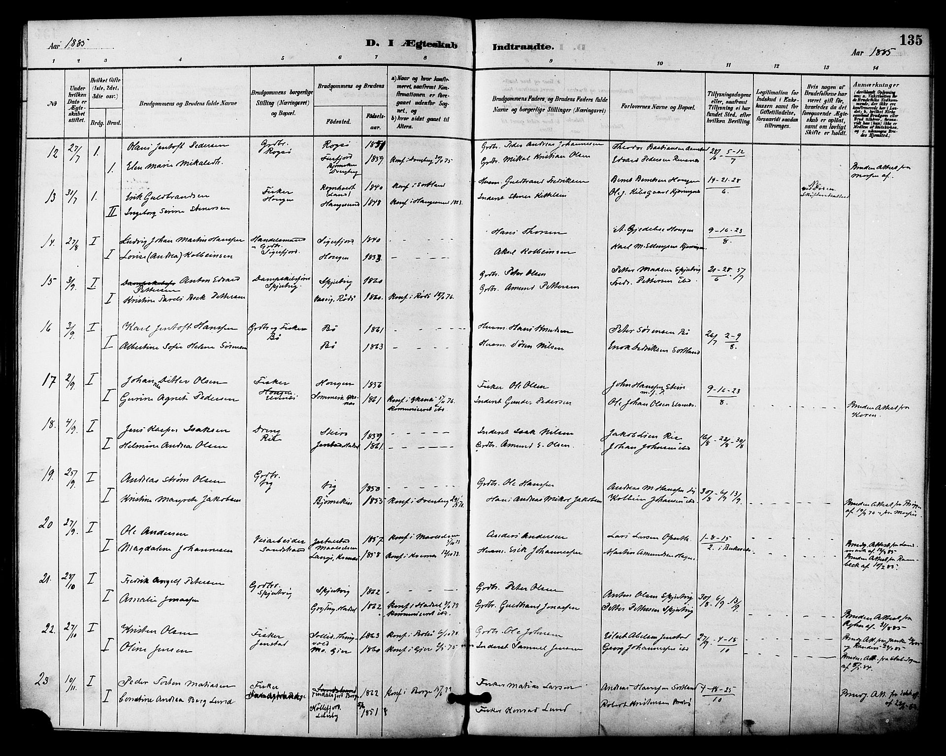 Ministerialprotokoller, klokkerbøker og fødselsregistre - Nordland, SAT/A-1459/895/L1371: Ministerialbok nr. 895A06, 1885-1894, s. 135