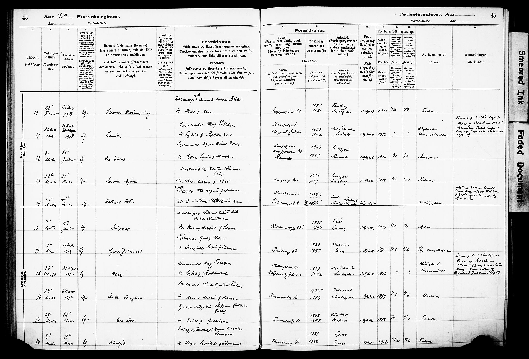 Sandefjord kirkebøker, AV/SAKO-A-315/J/Ja/L0001: Fødselsregister nr. 1, 1916-1932, s. 45