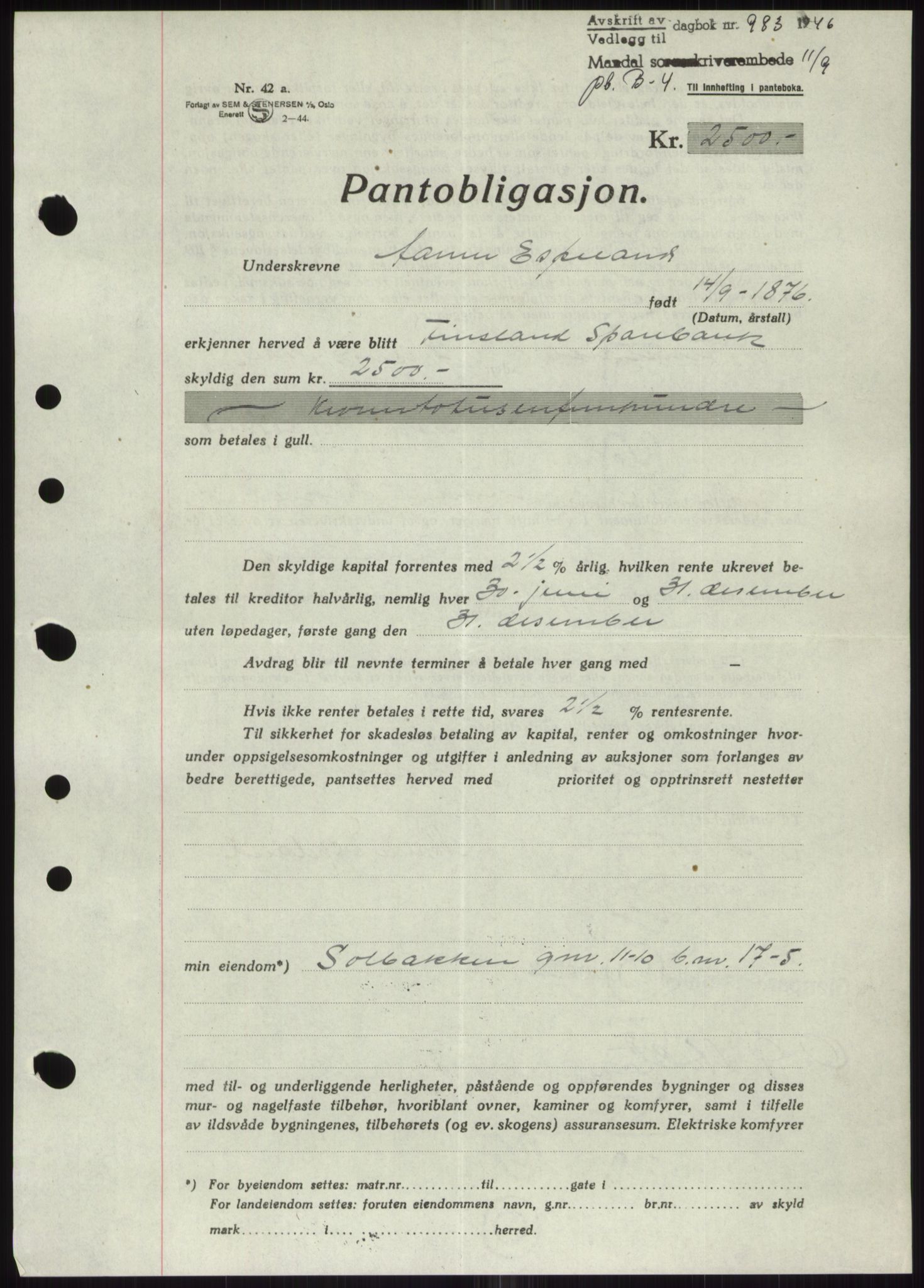 Mandal sorenskriveri, SAK/1221-0005/001/G/Gb/Gbb/L0002: Pantebok nr. B-2 - B-3, 1946-1950, Dagboknr: 983/1946