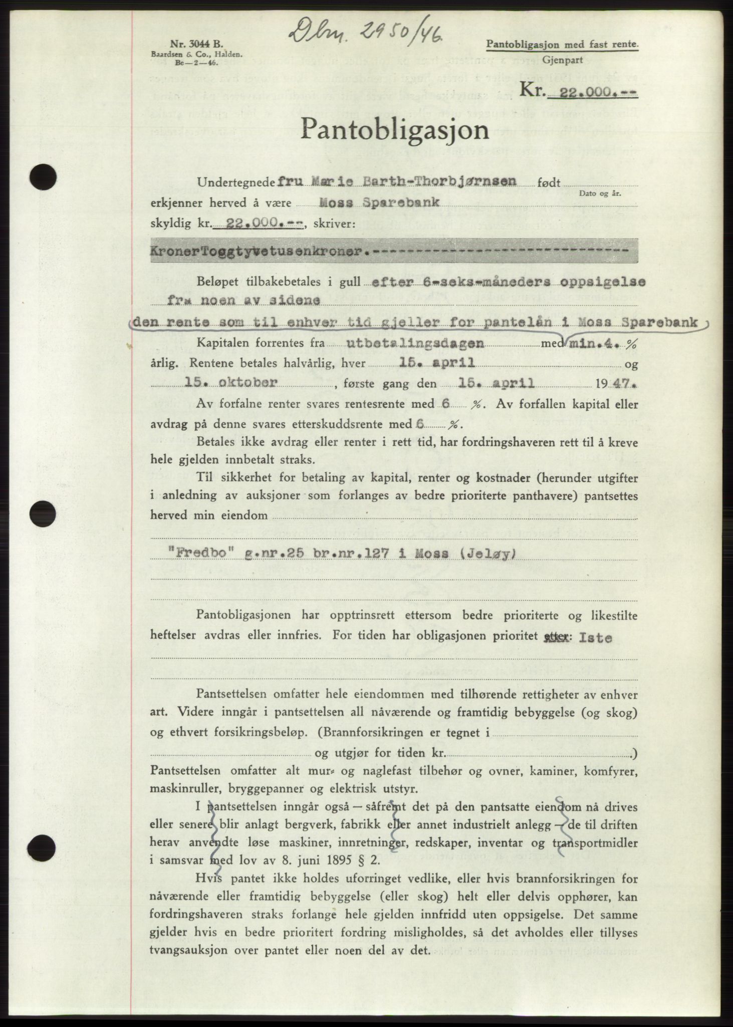 Moss sorenskriveri, SAO/A-10168: Pantebok nr. B16, 1946-1947, Dagboknr: 2950/1946