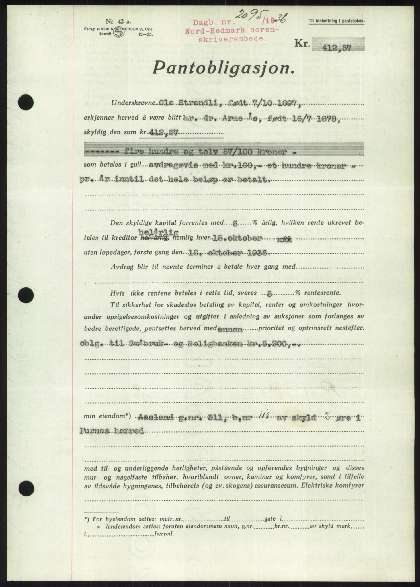 Nord-Hedmark sorenskriveri, SAH/TING-012/H/Hb/Hbf/L0001: Pantebok nr. B1, 1936-1936, Dagboknr: 2095/1936