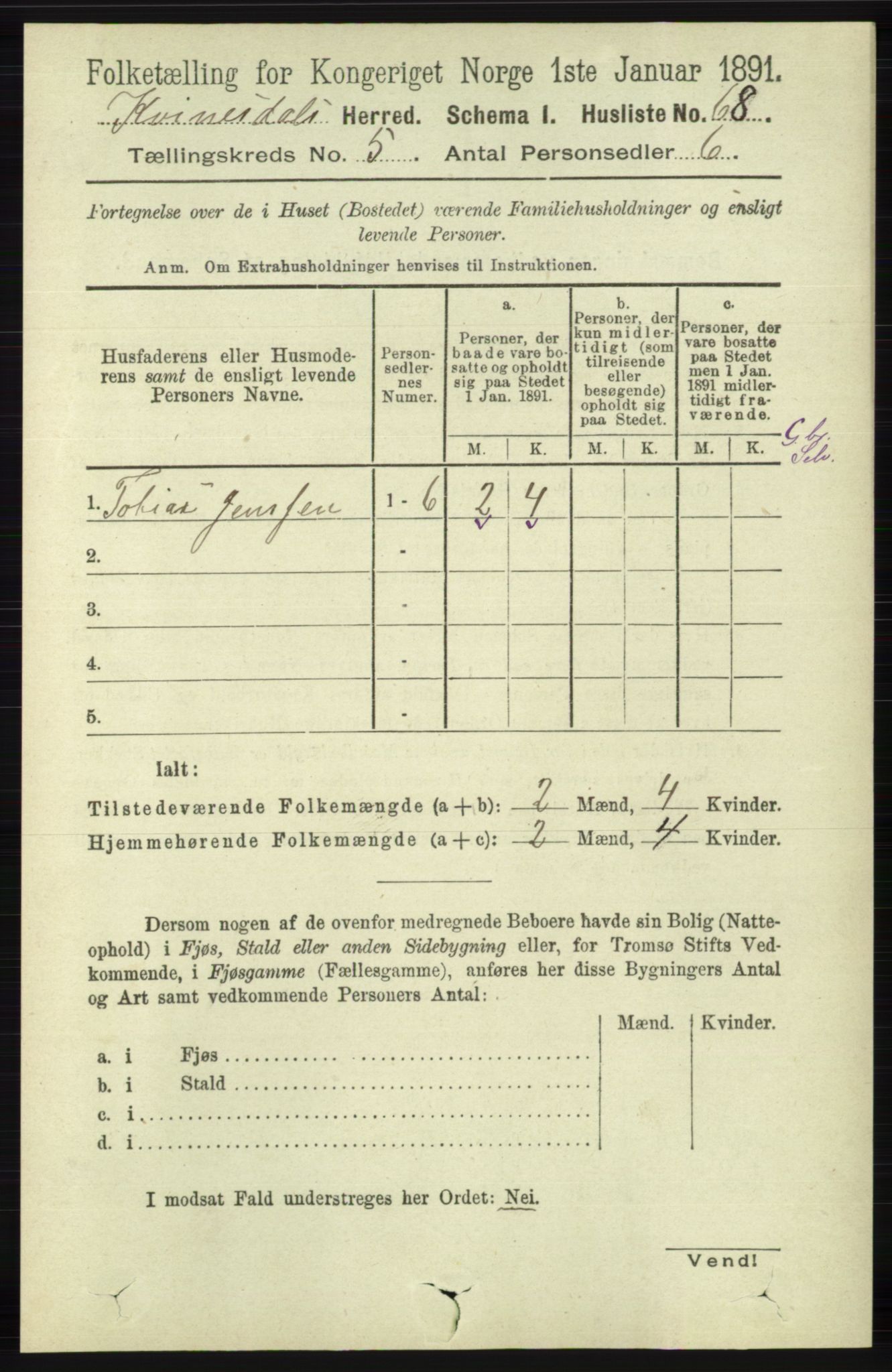 RA, Folketelling 1891 for 1037 Kvinesdal herred, 1891, s. 1693