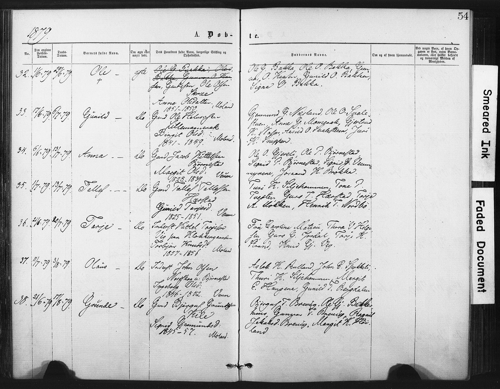 Fyresdal kirkebøker, AV/SAKO-A-263/F/Fa/L0006: Ministerialbok nr. I 6, 1872-1886, s. 54