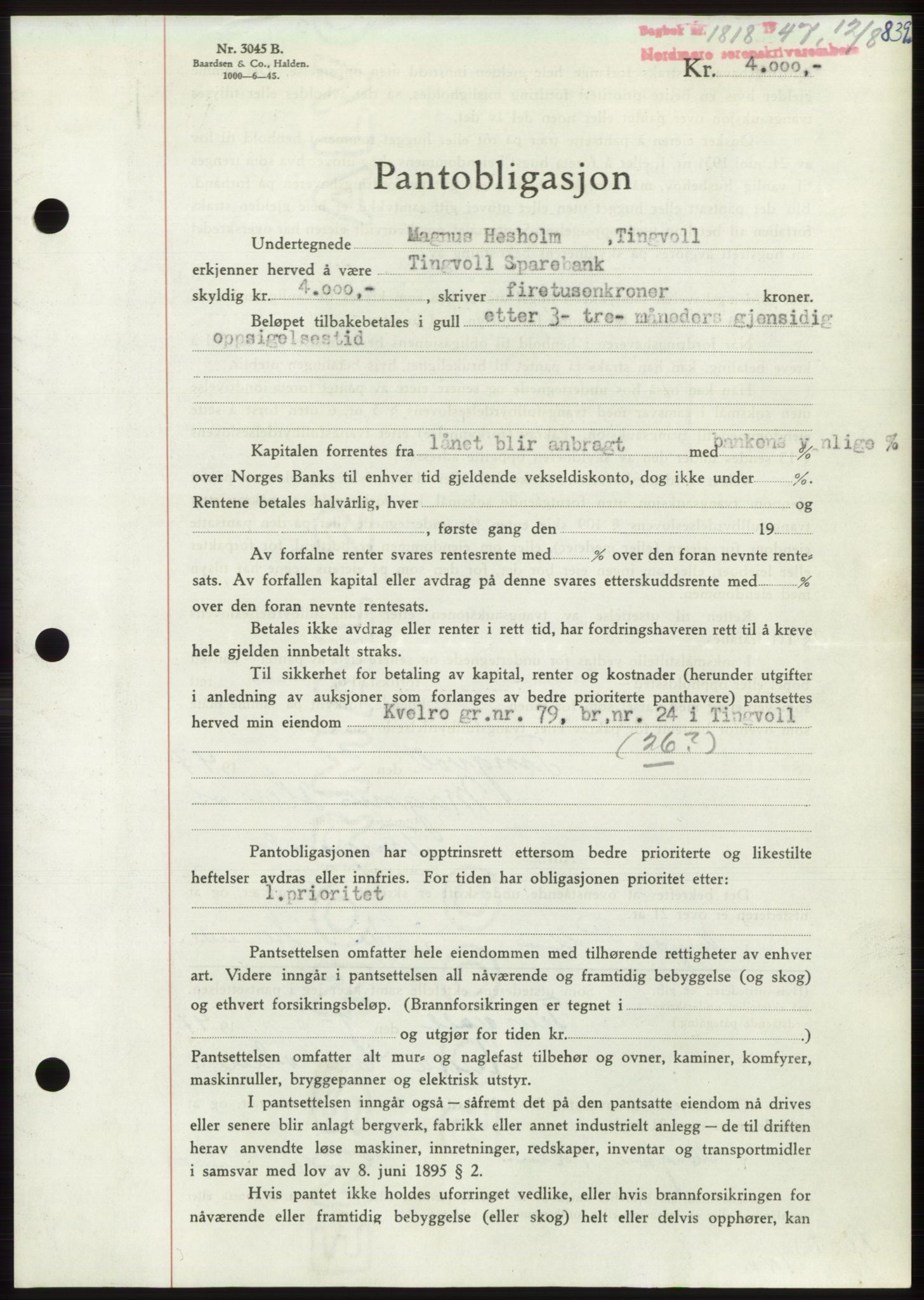 Nordmøre sorenskriveri, AV/SAT-A-4132/1/2/2Ca: Pantebok nr. B96, 1947-1947, Dagboknr: 1818/1947