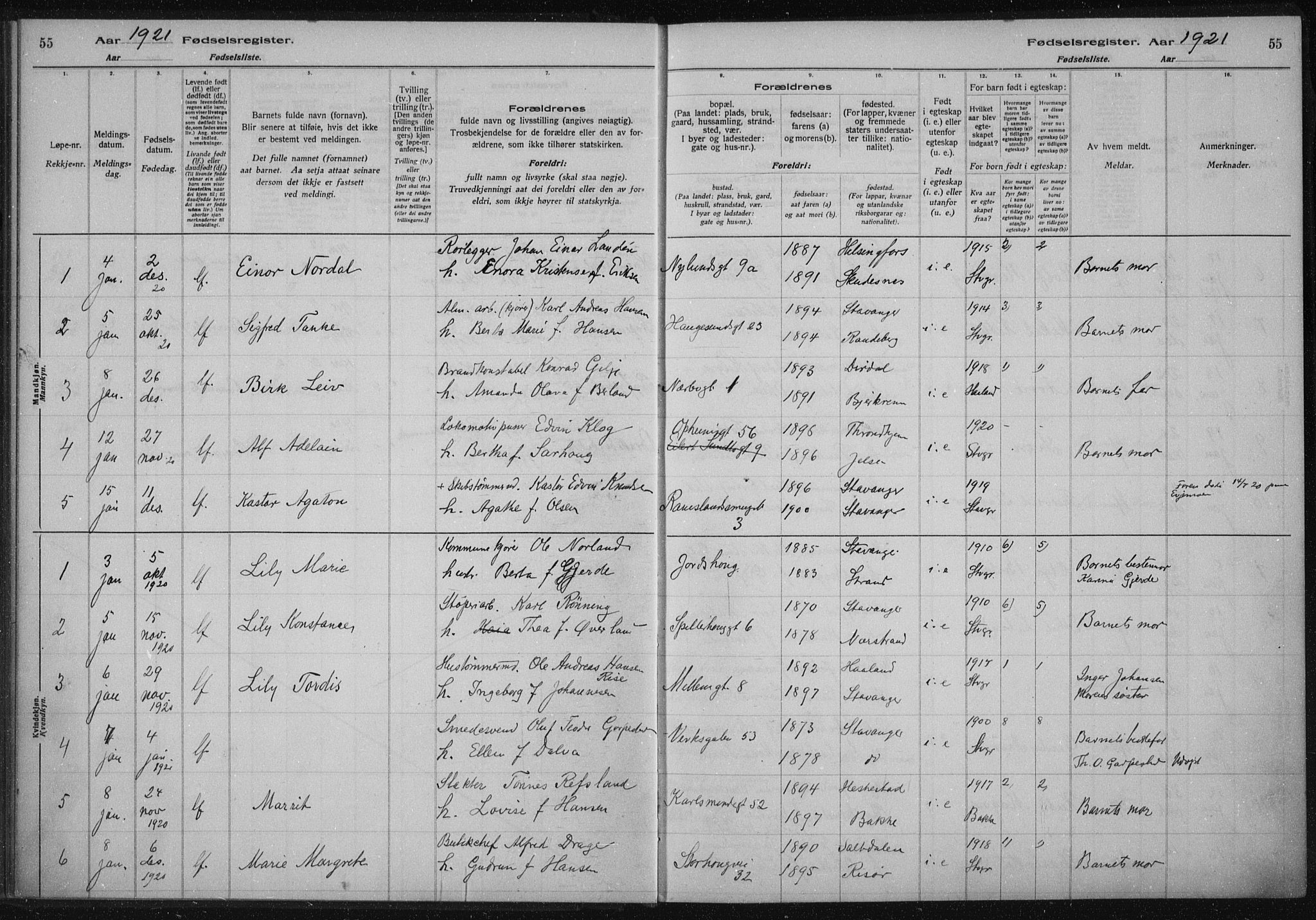 St. Johannes sokneprestkontor, SAST/A-101814/002/A/L0002: Fødselsregister nr. 2, 1919-1924, s. 55