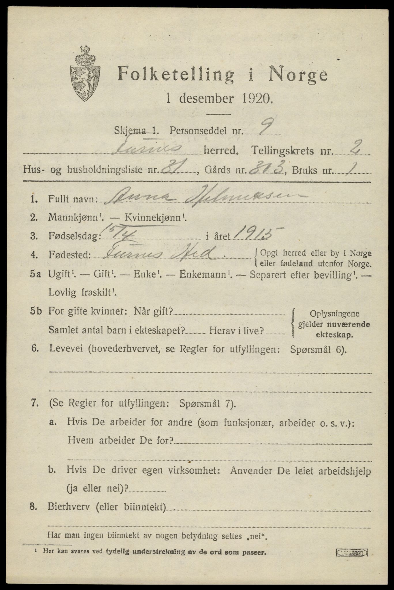SAH, Folketelling 1920 for 0413 Furnes herred, 1920, s. 3433