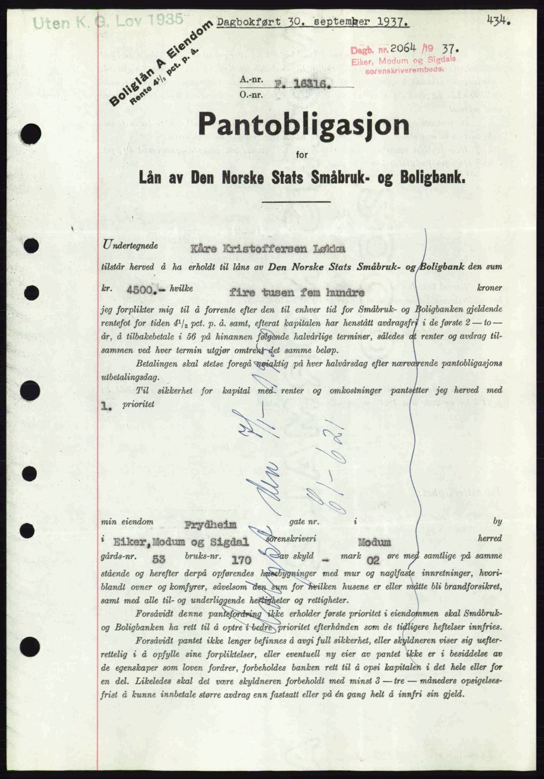 Eiker, Modum og Sigdal sorenskriveri, SAKO/A-123/G/Ga/Gab/L0036: Pantebok nr. A6, 1937-1937, Dagboknr: 2064/1937