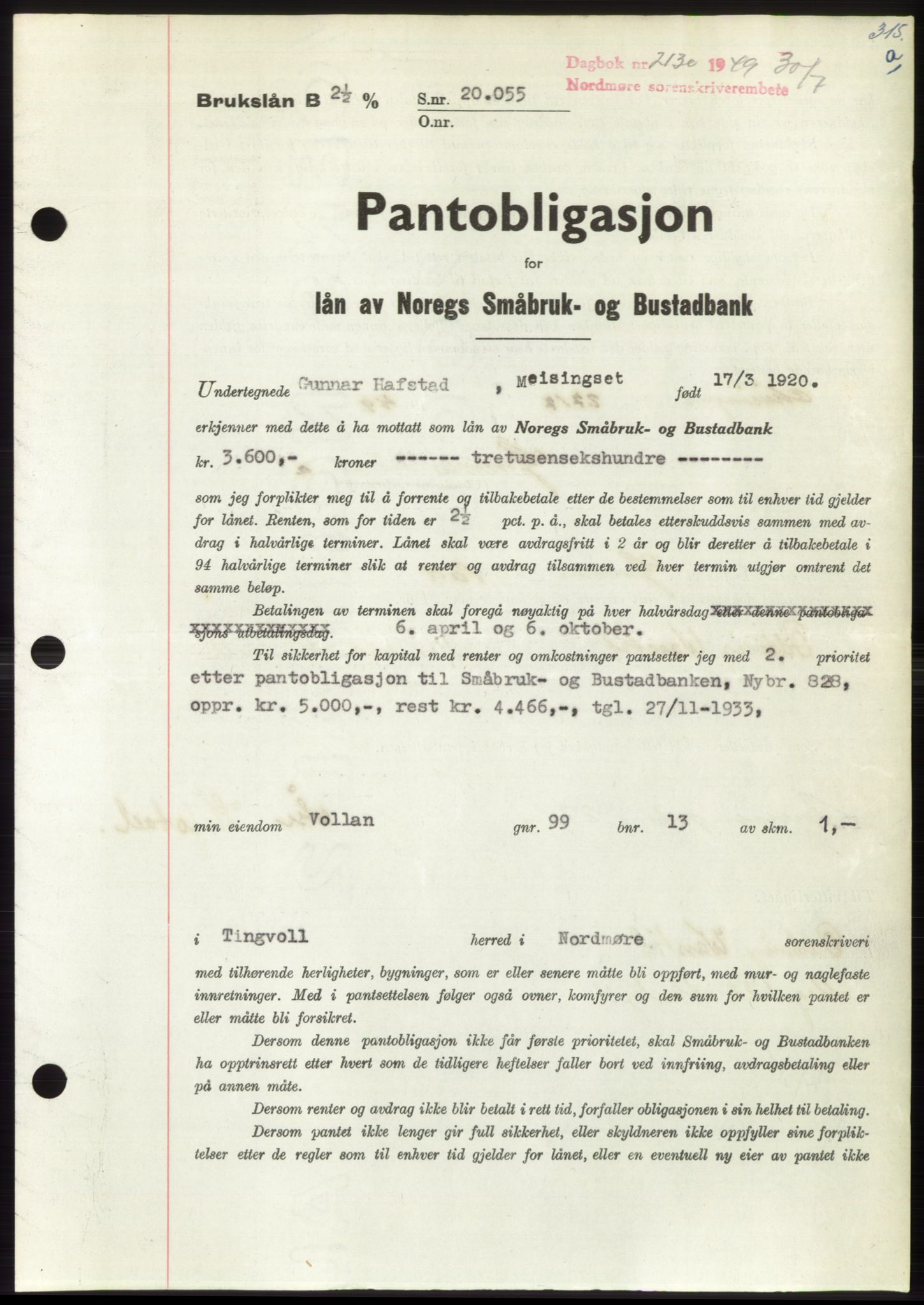 Nordmøre sorenskriveri, AV/SAT-A-4132/1/2/2Ca: Pantebok nr. B102, 1949-1949, Dagboknr: 2130/1949