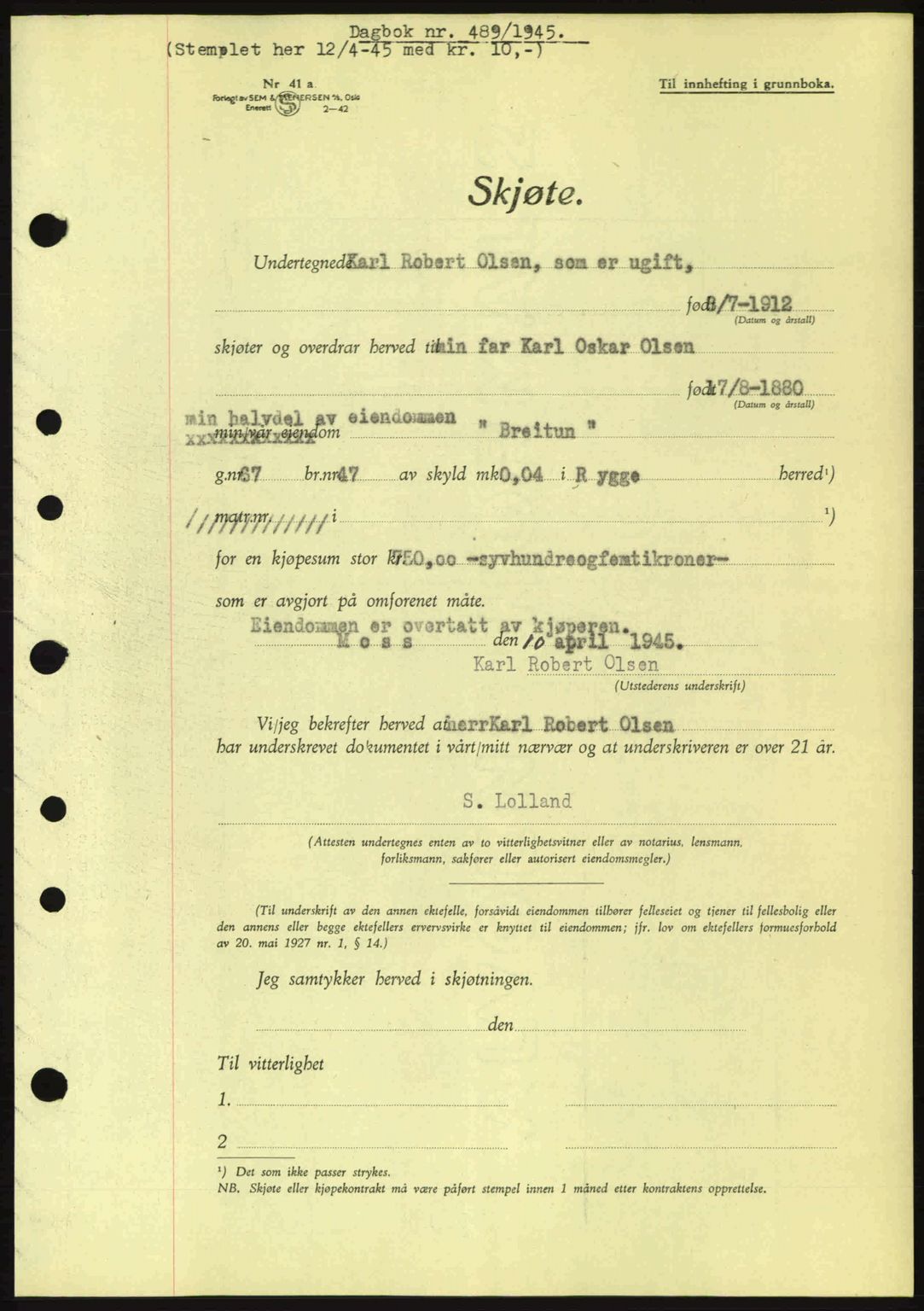 Moss sorenskriveri, SAO/A-10168: Pantebok nr. A13, 1944-1945, Dagboknr: 489/1945