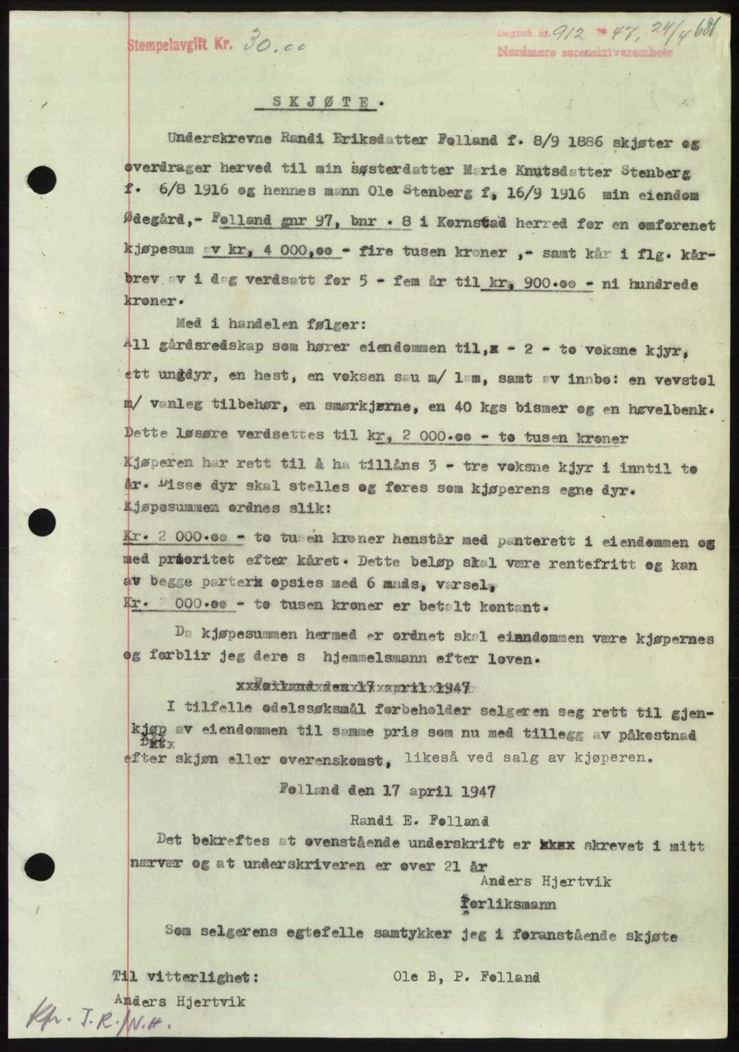 Nordmøre sorenskriveri, SAT/A-4132/1/2/2Ca: Pantebok nr. A104, 1947-1947, Dagboknr: 912/1947