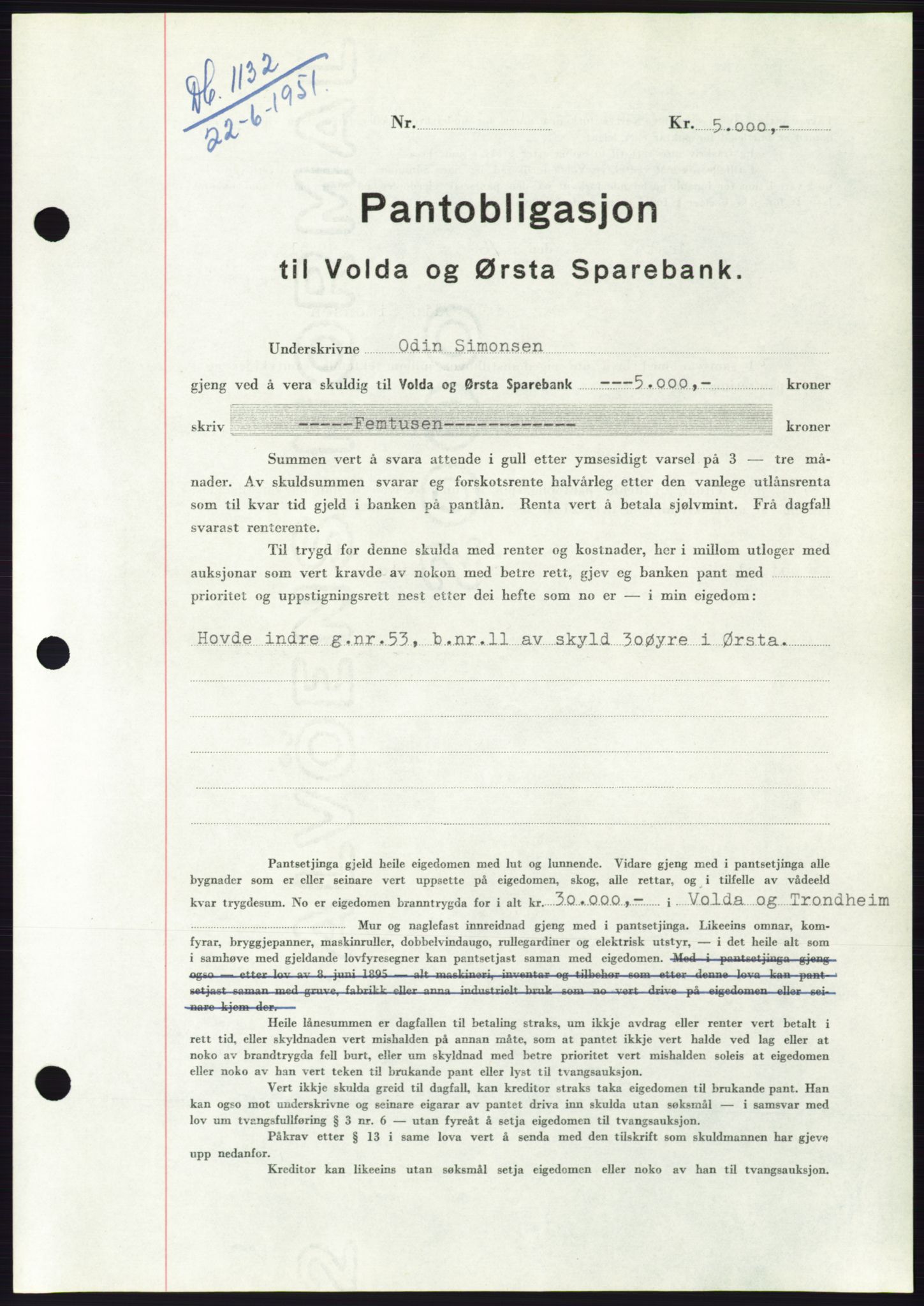 Søre Sunnmøre sorenskriveri, SAT/A-4122/1/2/2C/L0120: Pantebok nr. 8B, 1951-1951, Dagboknr: 1132/1951