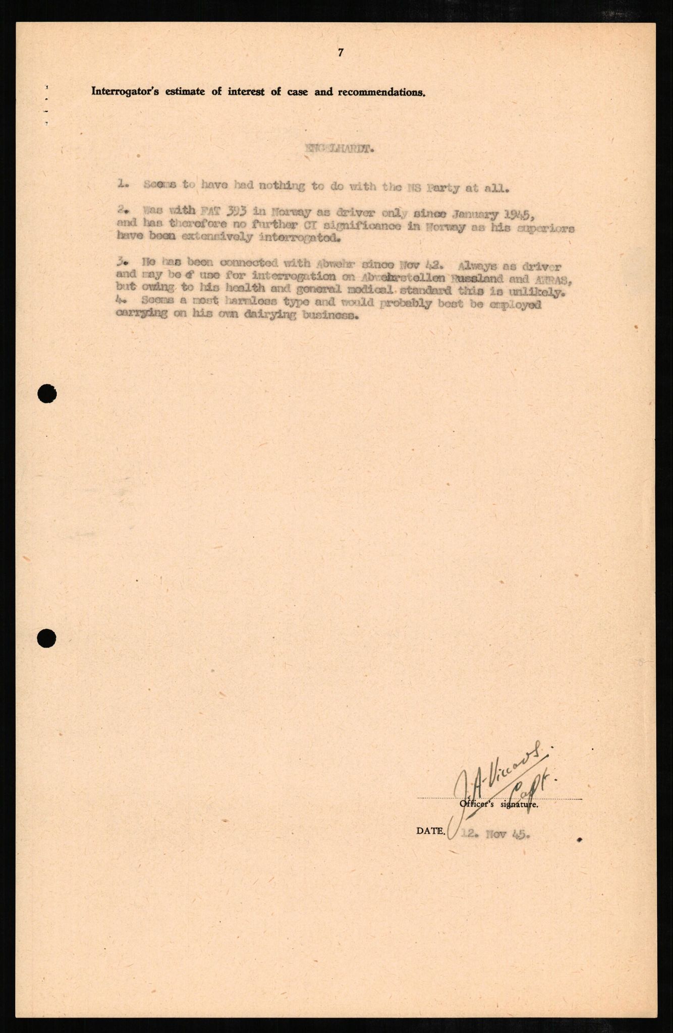 Forsvaret, Forsvarets overkommando II, RA/RAFA-3915/D/Db/L0007: CI Questionaires. Tyske okkupasjonsstyrker i Norge. Tyskere., 1945-1946, s. 228
