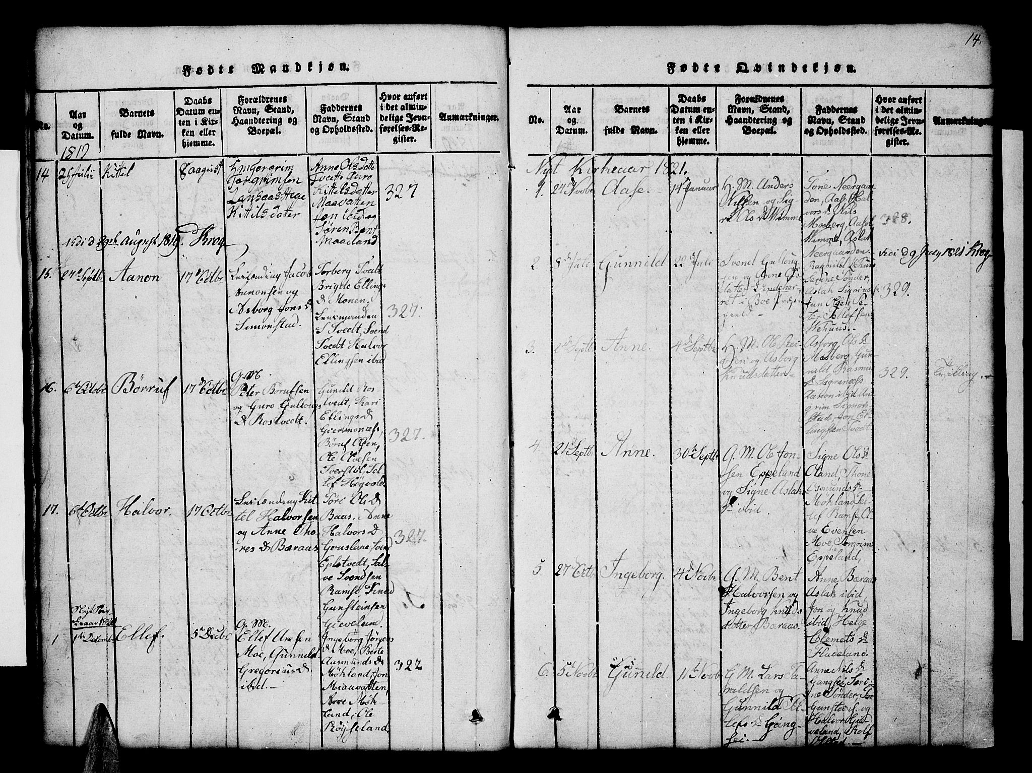 Åmli sokneprestkontor, SAK/1111-0050/F/Fb/Fbc/L0001: Klokkerbok nr. B 1, 1816-1867, s. 14