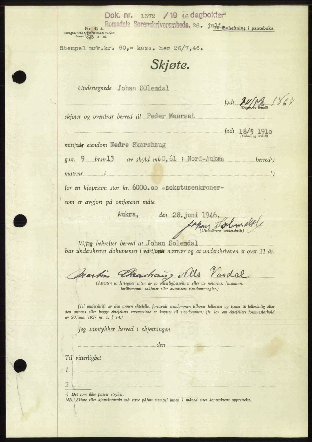 Romsdal sorenskriveri, AV/SAT-A-4149/1/2/2C: Pantebok nr. A20, 1946-1946, Dagboknr: 1372/1946