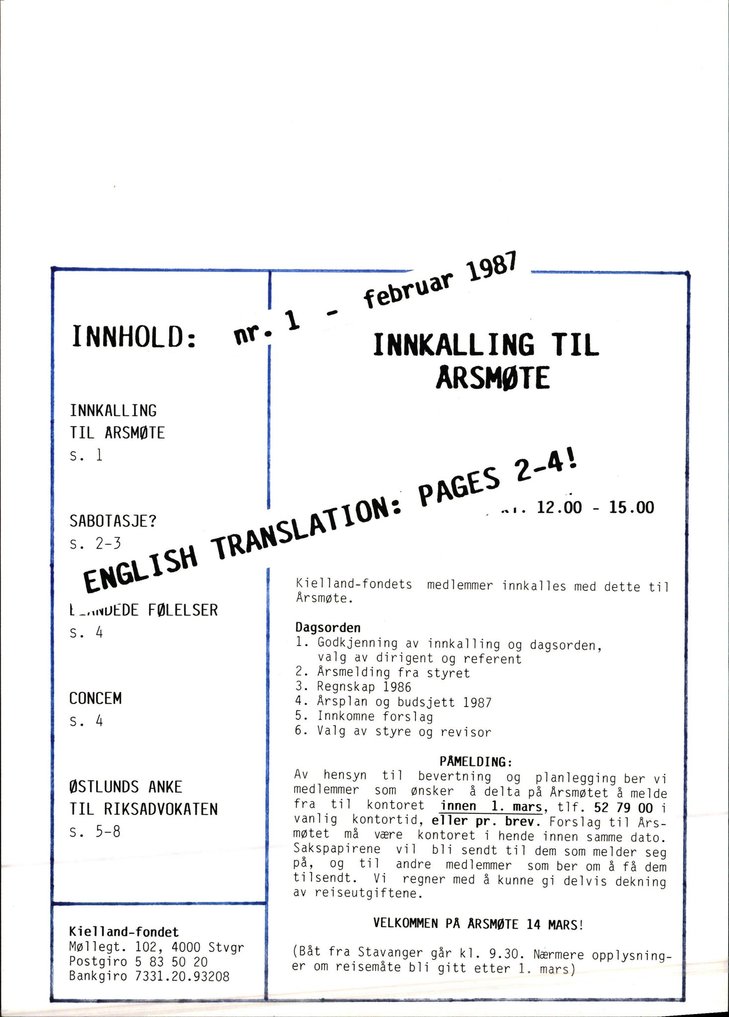 Pa 1660 - Kielland- fondet, AV/SAST-A-102242/X/Xa/L0001: Rapport til overlevende og etterlatte/ Kielland Bulletin, 1980-1998