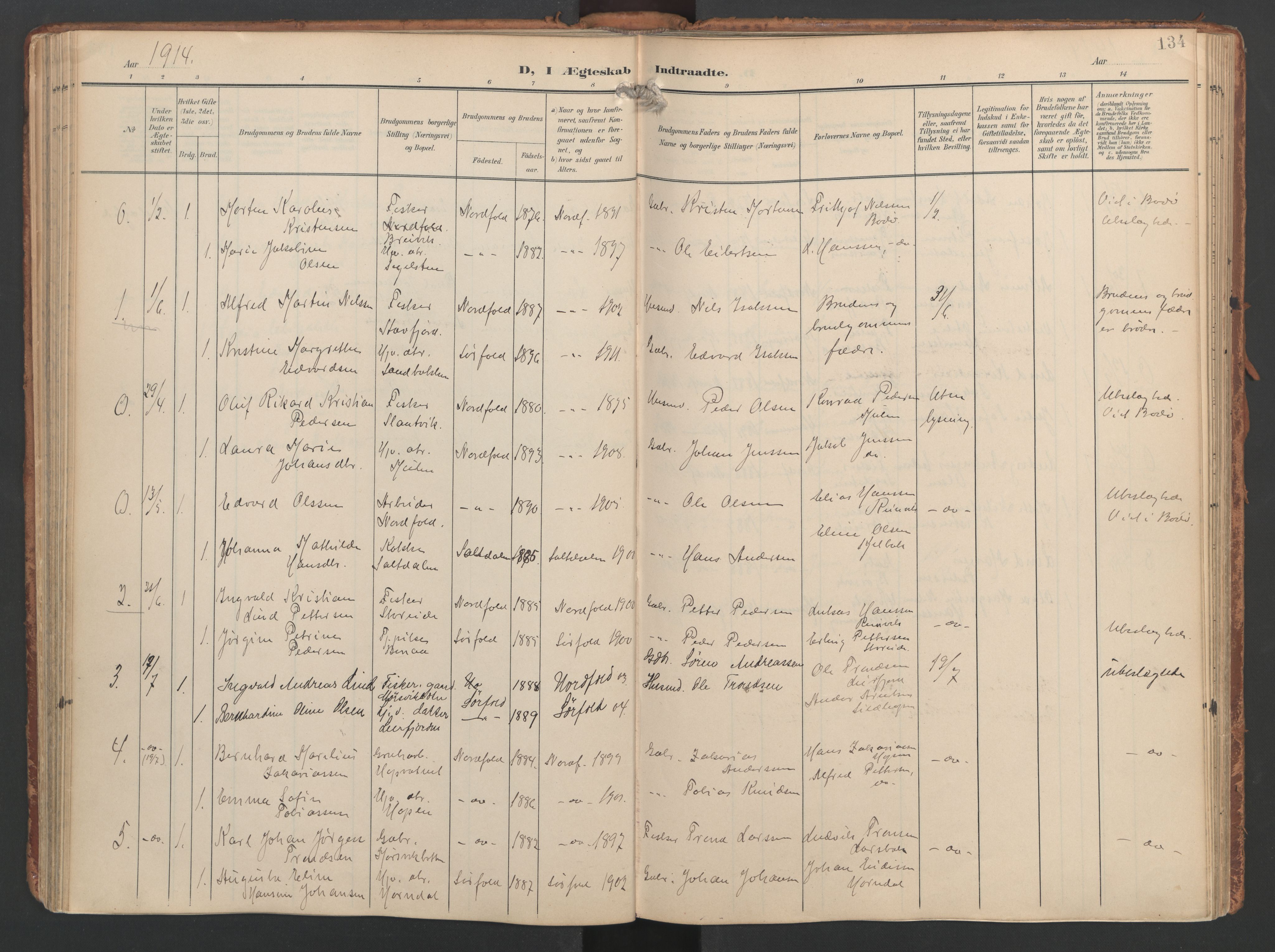 Ministerialprotokoller, klokkerbøker og fødselsregistre - Nordland, AV/SAT-A-1459/858/L0832: Ministerialbok nr. 858A02, 1902-1915, s. 134