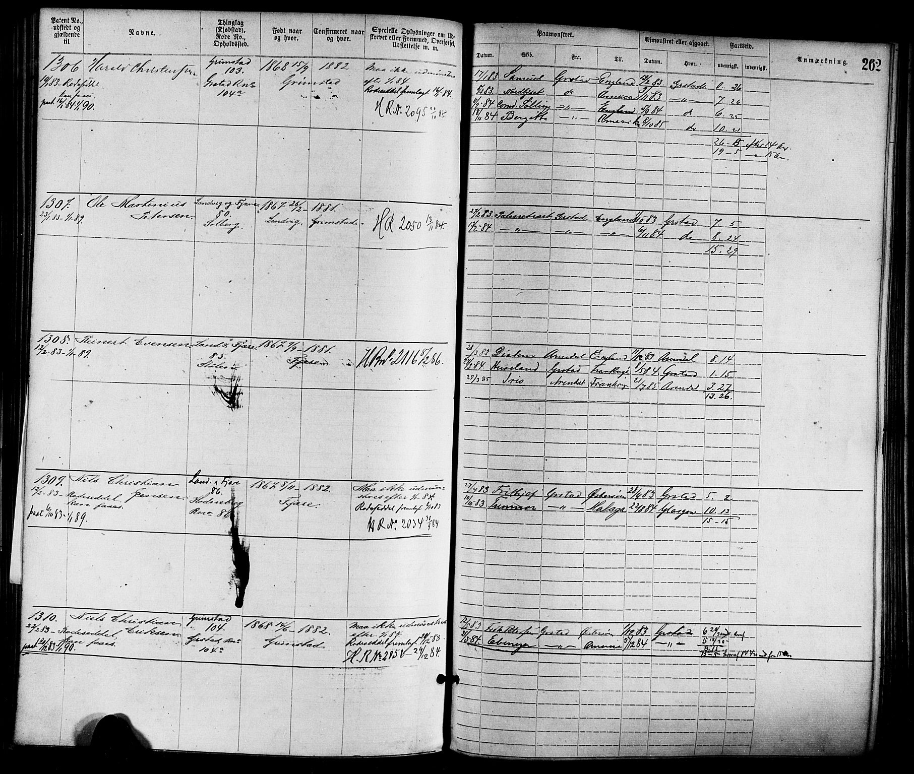 Grimstad mønstringskrets, SAK/2031-0013/F/Fa/L0001: Annotasjonsrulle nr 1-1920 med register, F-1, 1870-1892, s. 293