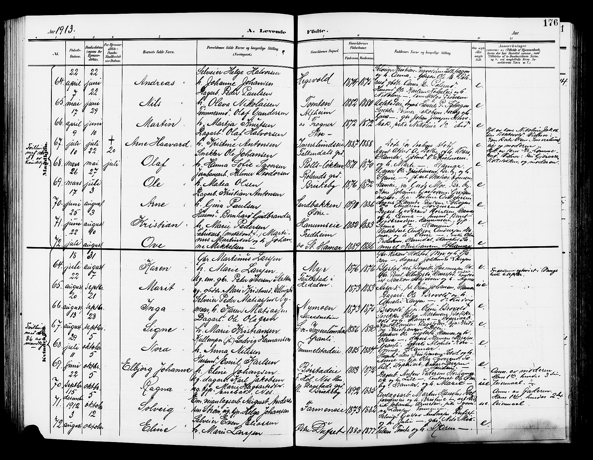 Vang prestekontor, Hedmark, AV/SAH-PREST-008/H/Ha/Hab/L0014: Klokkerbok nr. 14, 1896-1914, s. 176