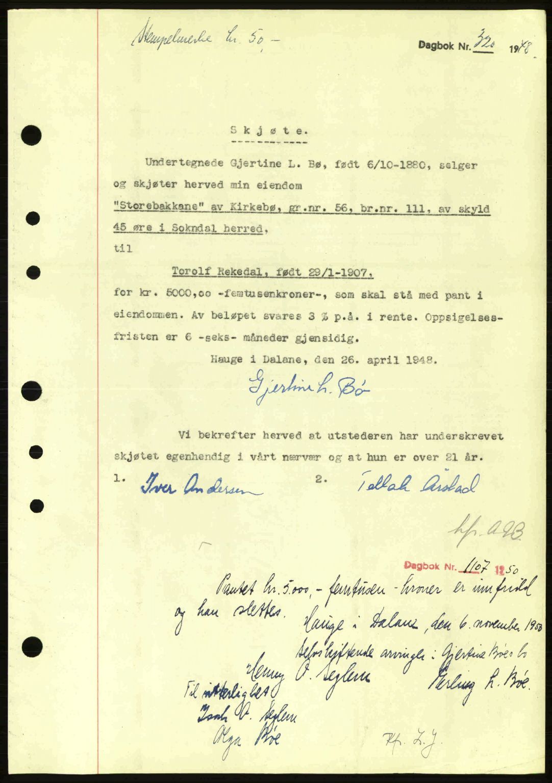 Dalane sorenskriveri, SAST/A-100309/02/G/Gb/L0051: Pantebok nr. A11, 1947-1948, Dagboknr: 320/1948