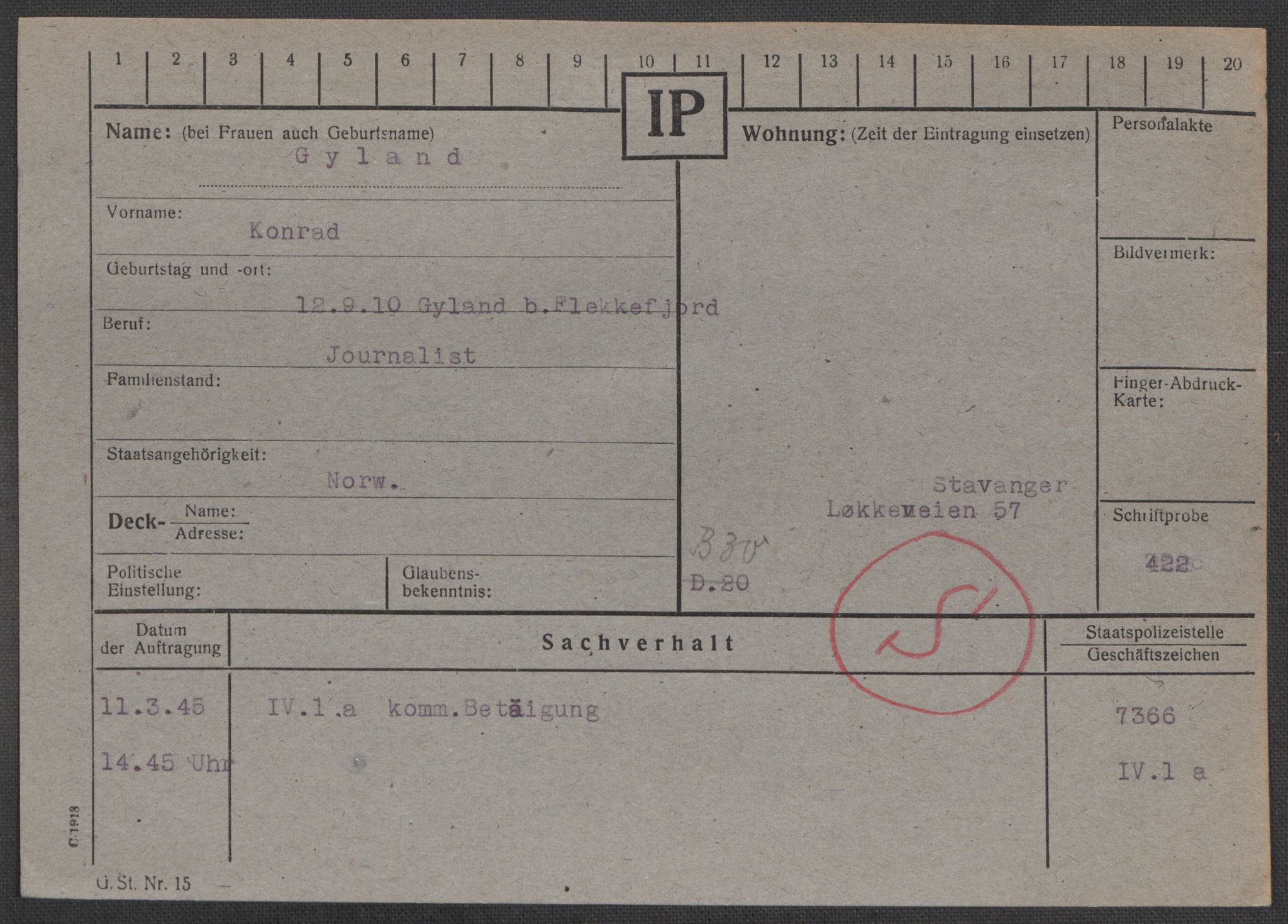 Befehlshaber der Sicherheitspolizei und des SD, RA/RAFA-5969/E/Ea/Eaa/L0003: Register over norske fanger i Møllergata 19: Eng-Hag, 1940-1945, s. 1336