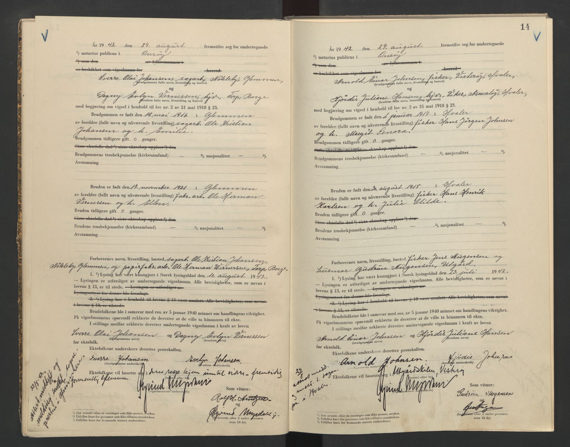 Onsøy sorenskriveri, AV/SAO-A-10474/L/La/L0002: Vigselsbok, 1942-1943, s. 14
