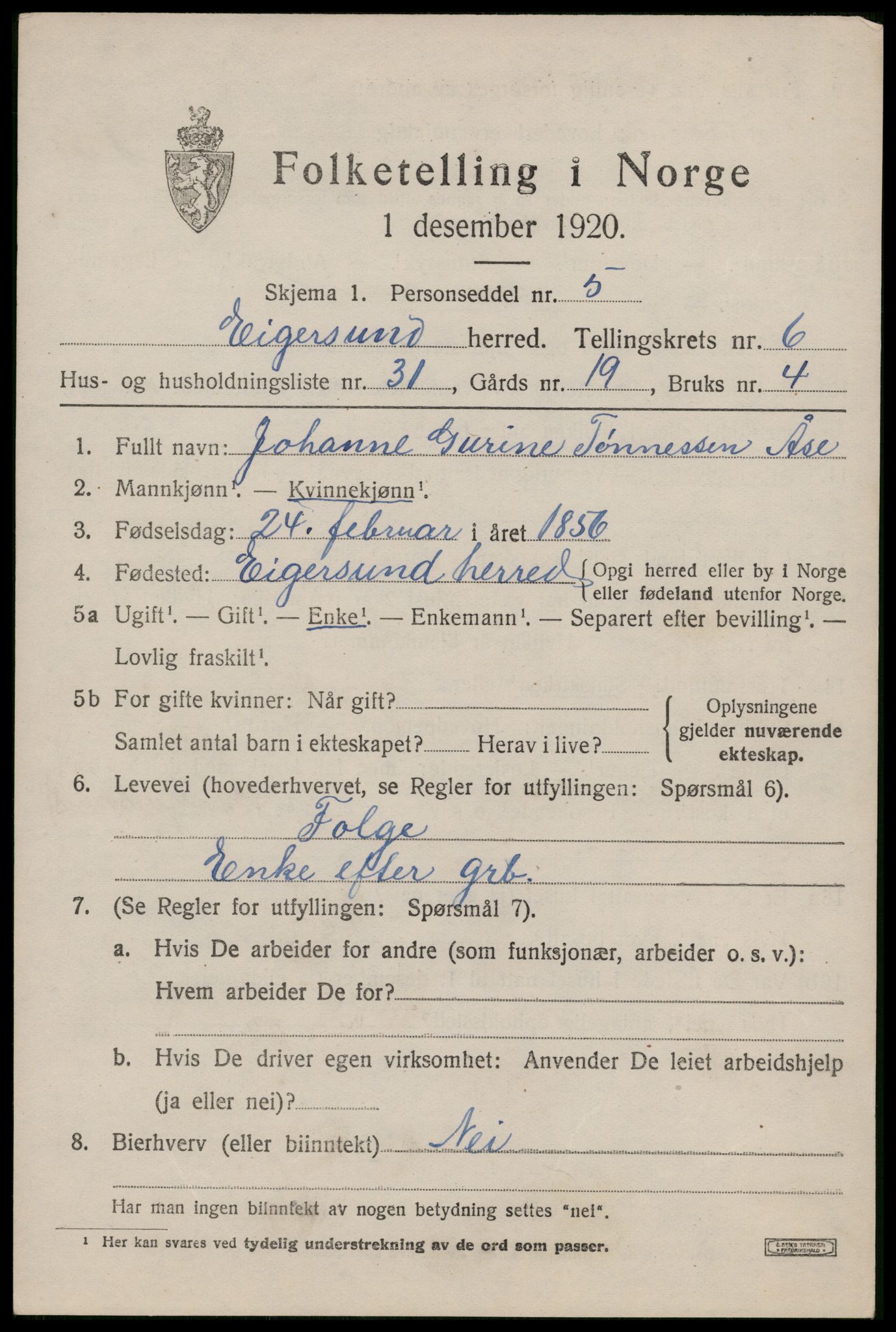 SAST, Folketelling 1920 for 1116 Eigersund herred, 1920, s. 4233