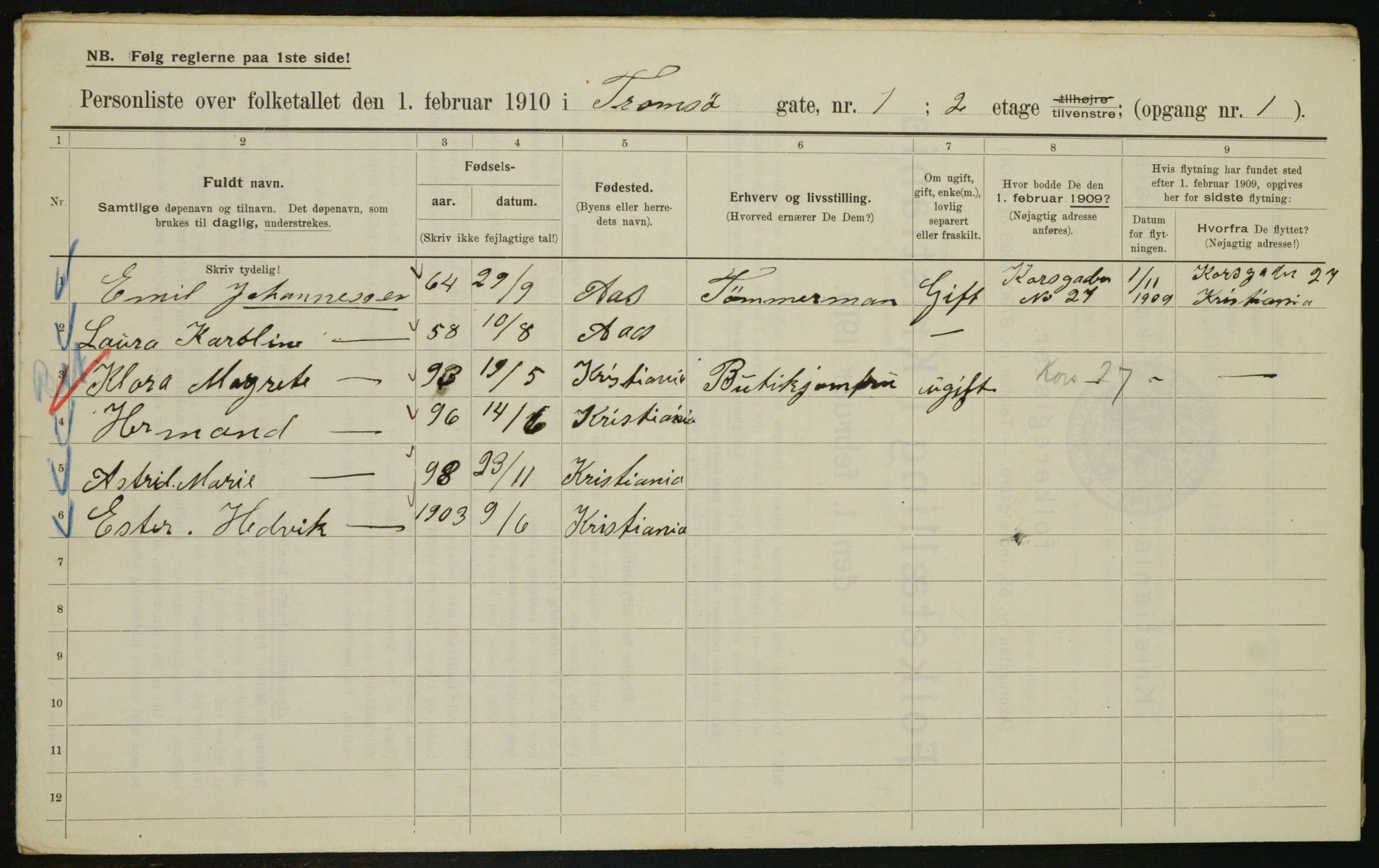 OBA, Kommunal folketelling 1.2.1910 for Kristiania, 1910, s. 109734