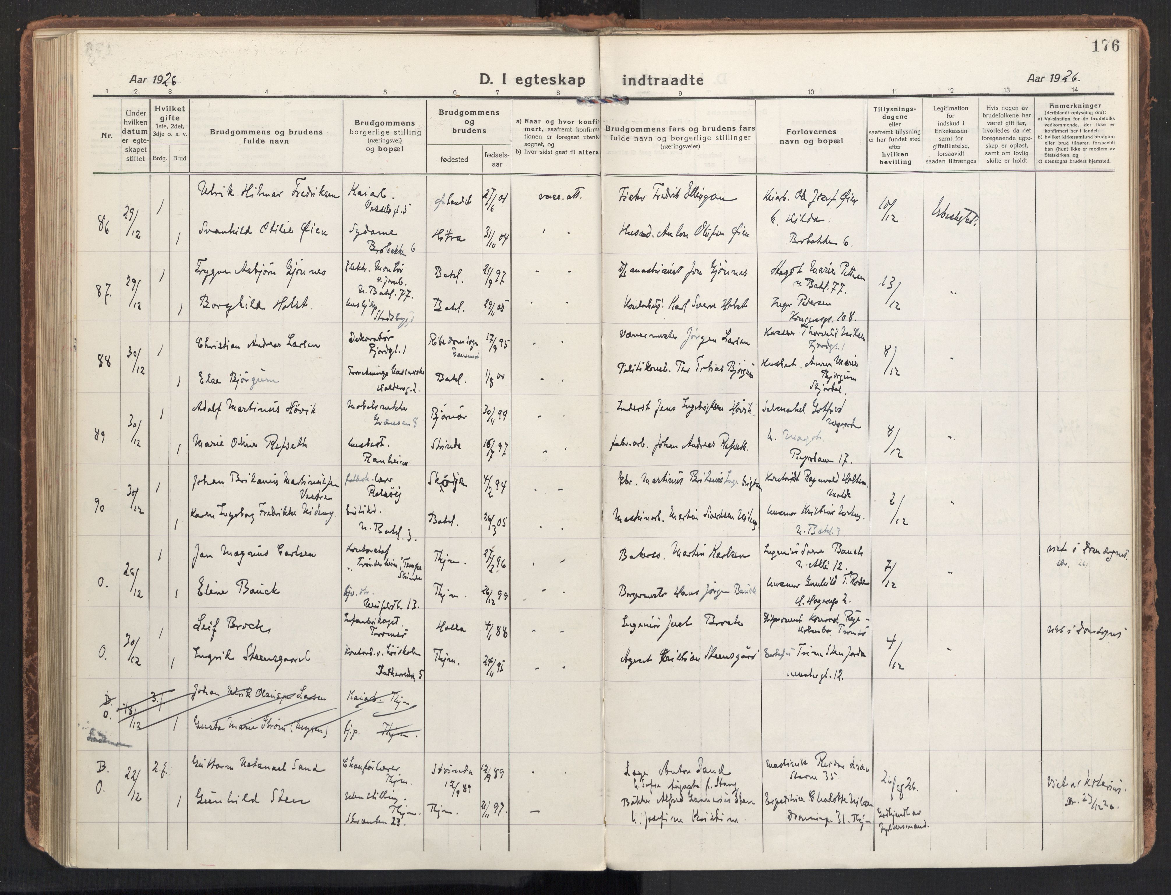 Ministerialprotokoller, klokkerbøker og fødselsregistre - Sør-Trøndelag, SAT/A-1456/604/L0206: Ministerialbok nr. 604A26, 1917-1931, s. 176