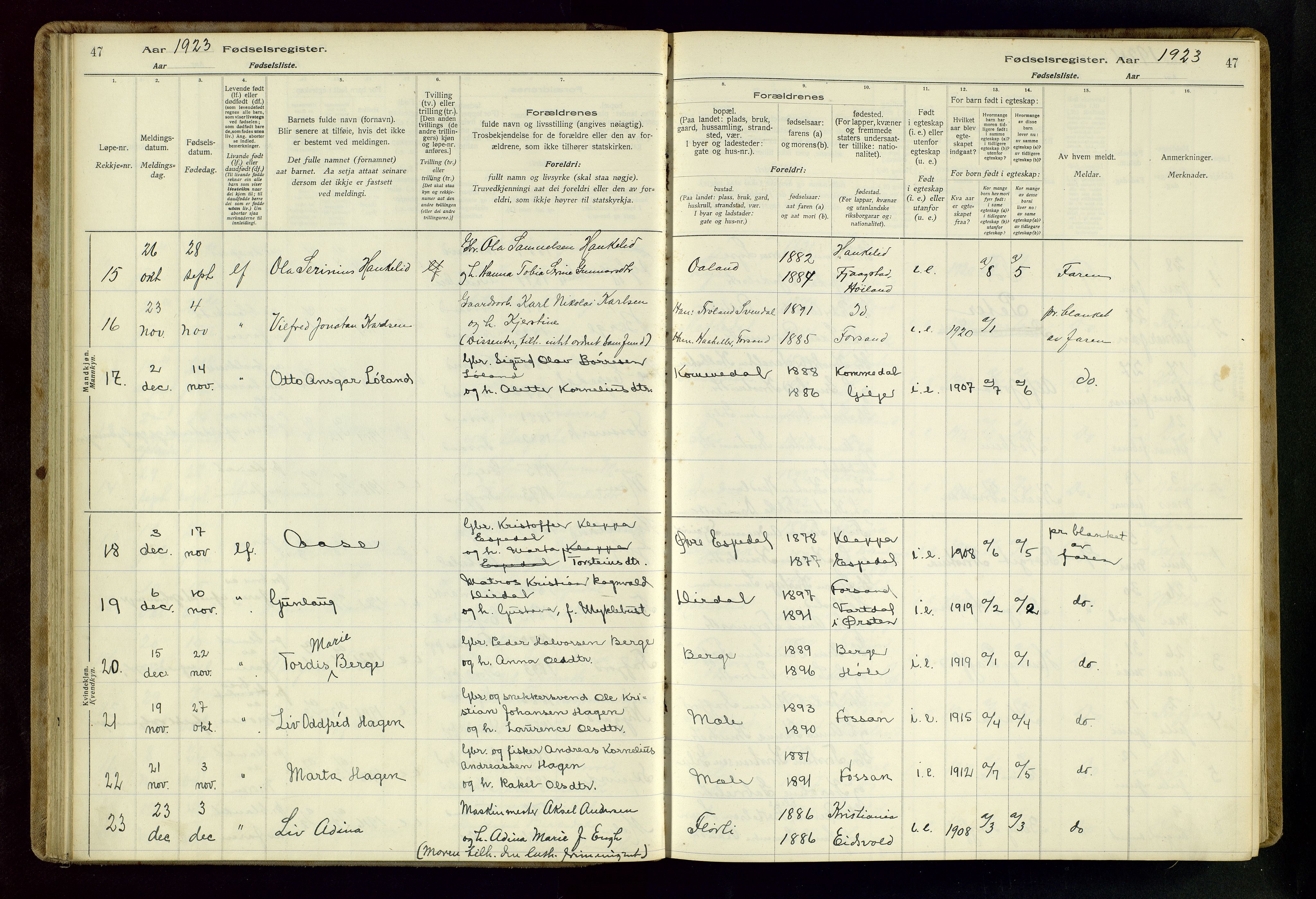 Høgsfjord sokneprestkontor, AV/SAST-A-101624/I/Id/L0002: Fødselsregister nr. 2, 1916-1959, s. 47