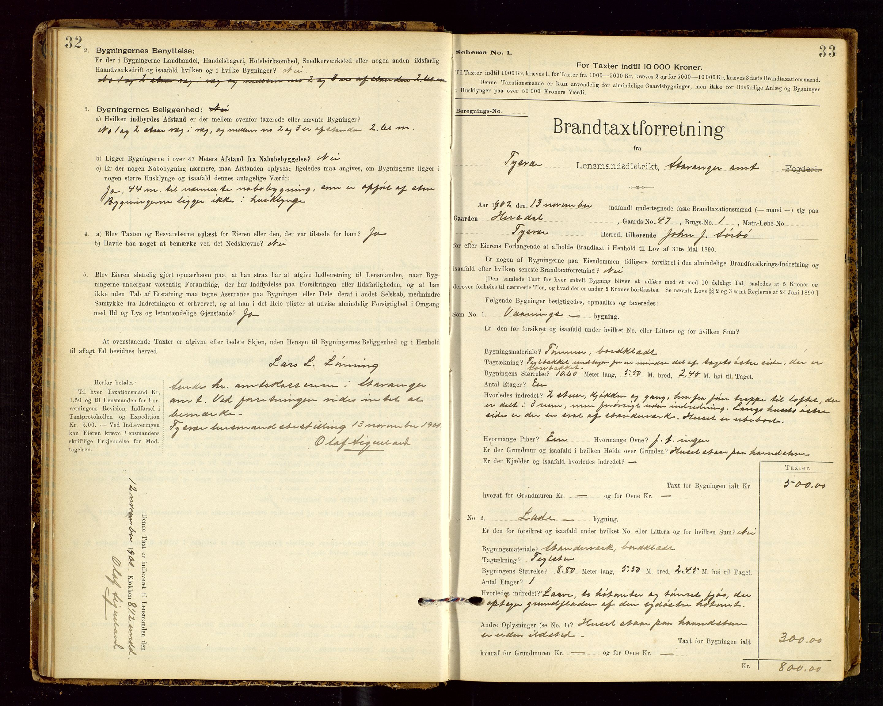 Tysvær lensmannskontor, AV/SAST-A-100192/Gob/L0002: "Brandtakstprotokol for Lensmanden i Tysvær", 1901-1932, s. 32-33