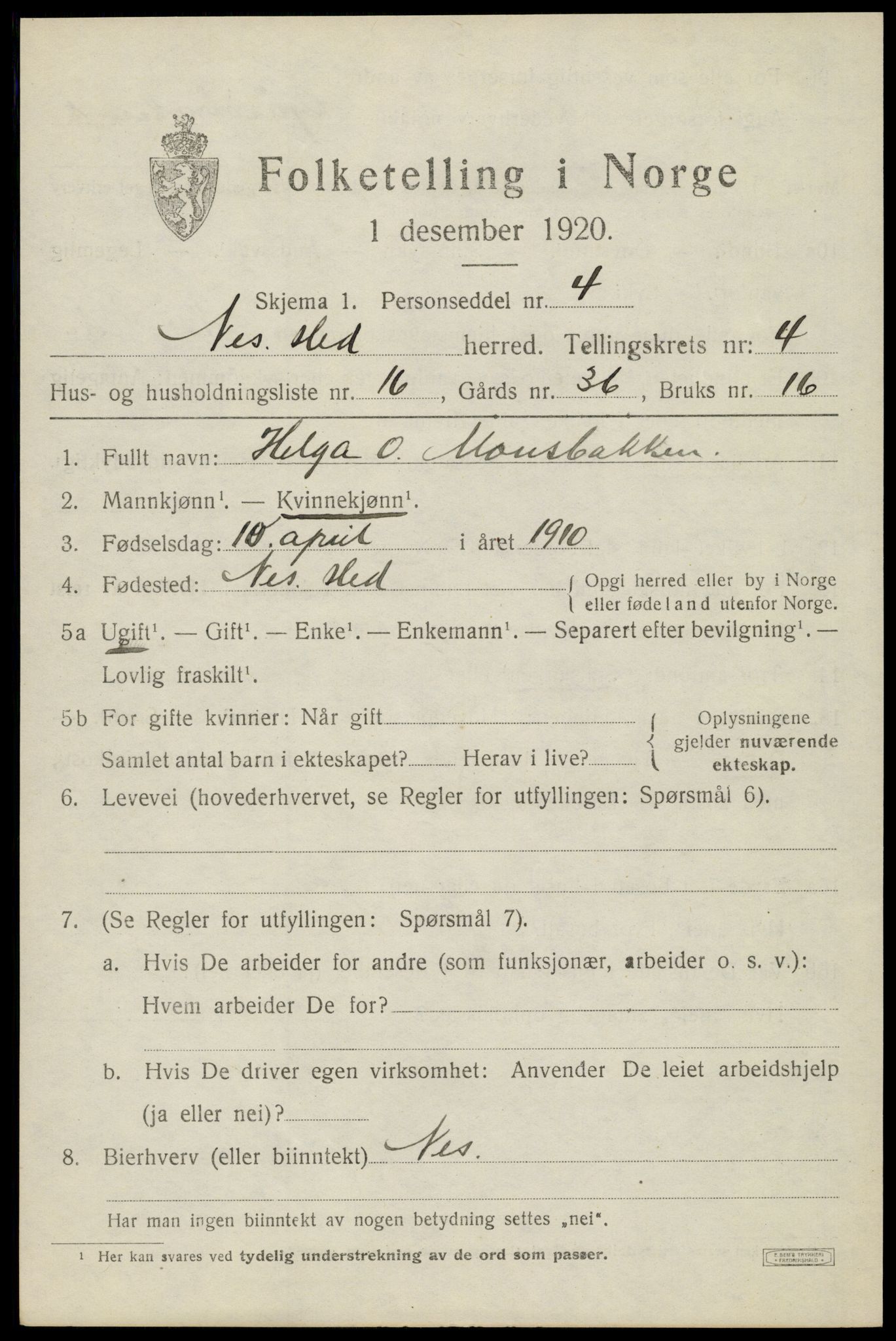 SAH, Folketelling 1920 for 0411 Nes herred, 1920, s. 5766