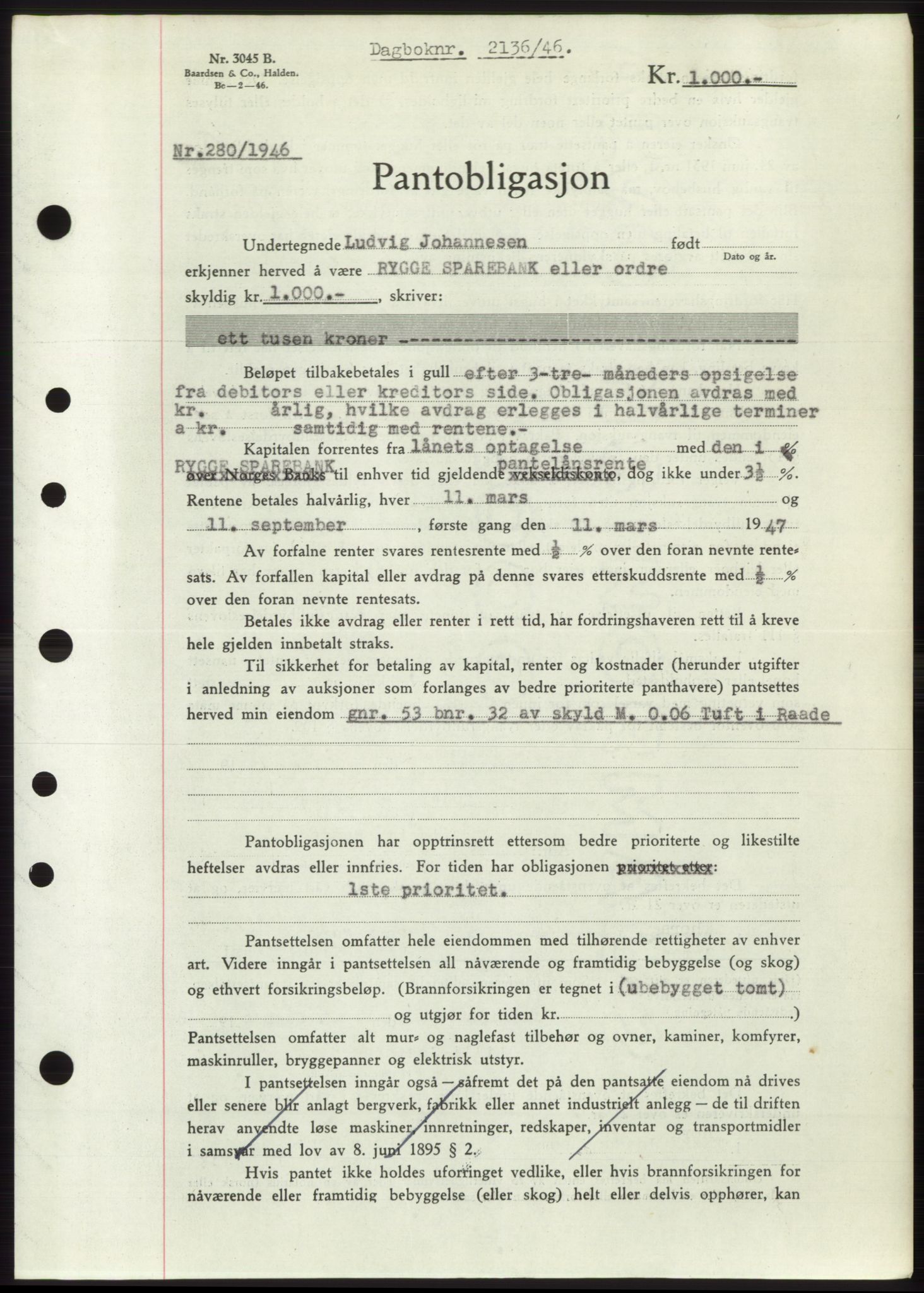Moss sorenskriveri, SAO/A-10168: Pantebok nr. B15, 1946-1946, Dagboknr: 2136/1946