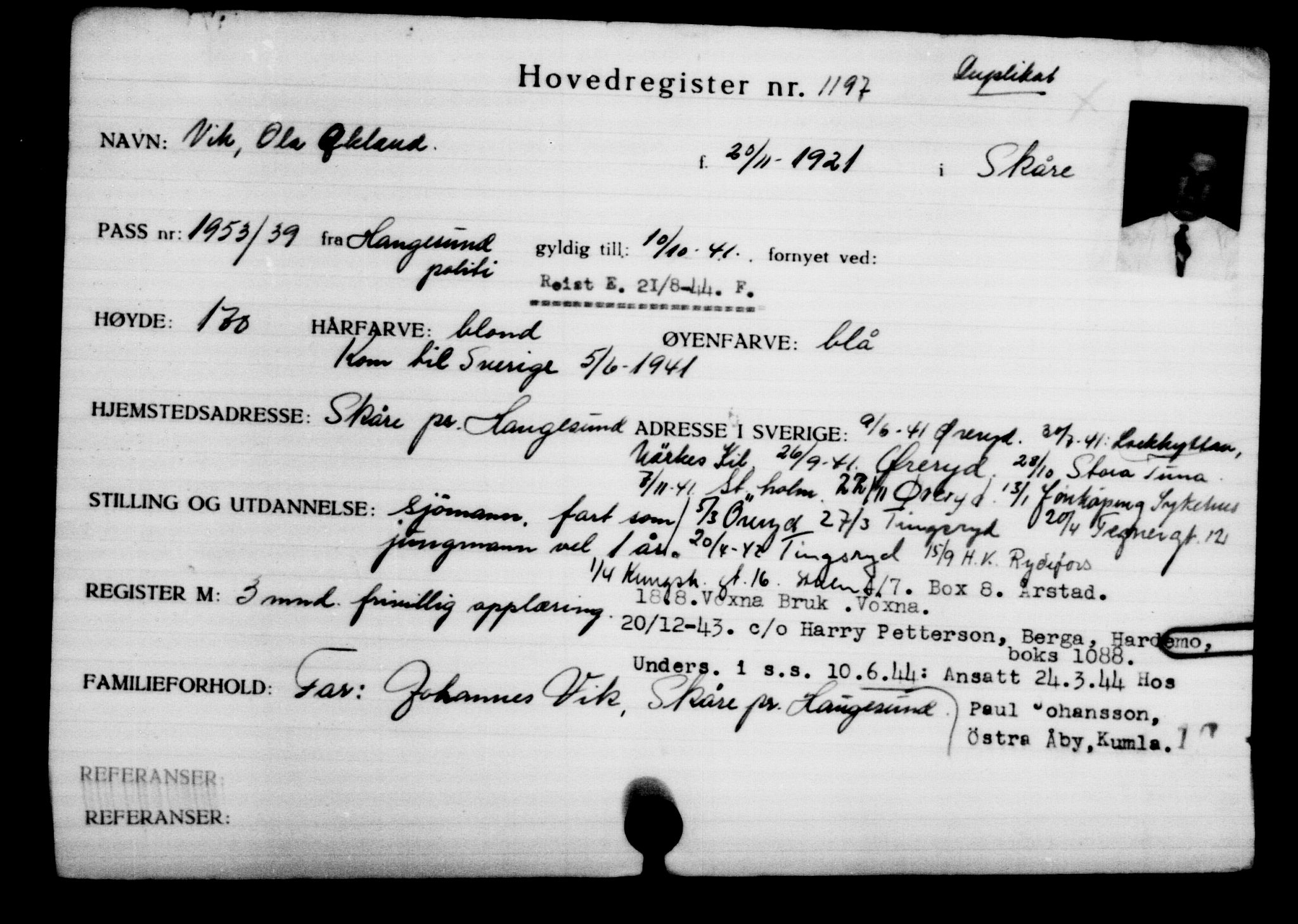 Utenriksstasjonene, Legasjonen i Stockholm, Flyktningkontoret, AV/RA-S-6753/V/Va/L0002: Kjesäterkartoteket, flyktninger med registreringsnr. 1001-2000, 1940-1945, s. 300