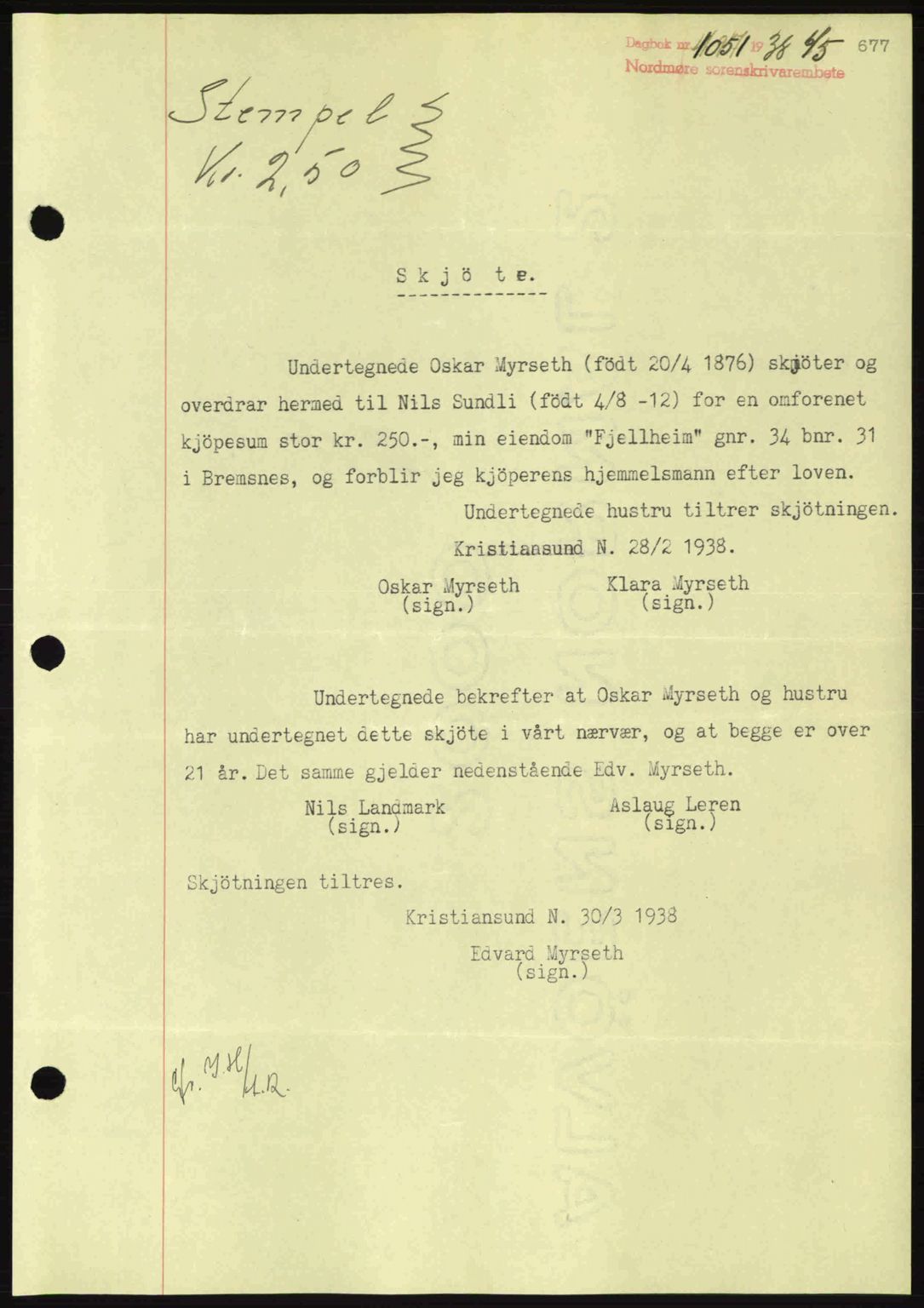 Nordmøre sorenskriveri, SAT/A-4132/1/2/2Ca: Pantebok nr. A83, 1938-1938, Dagboknr: 1051/1938