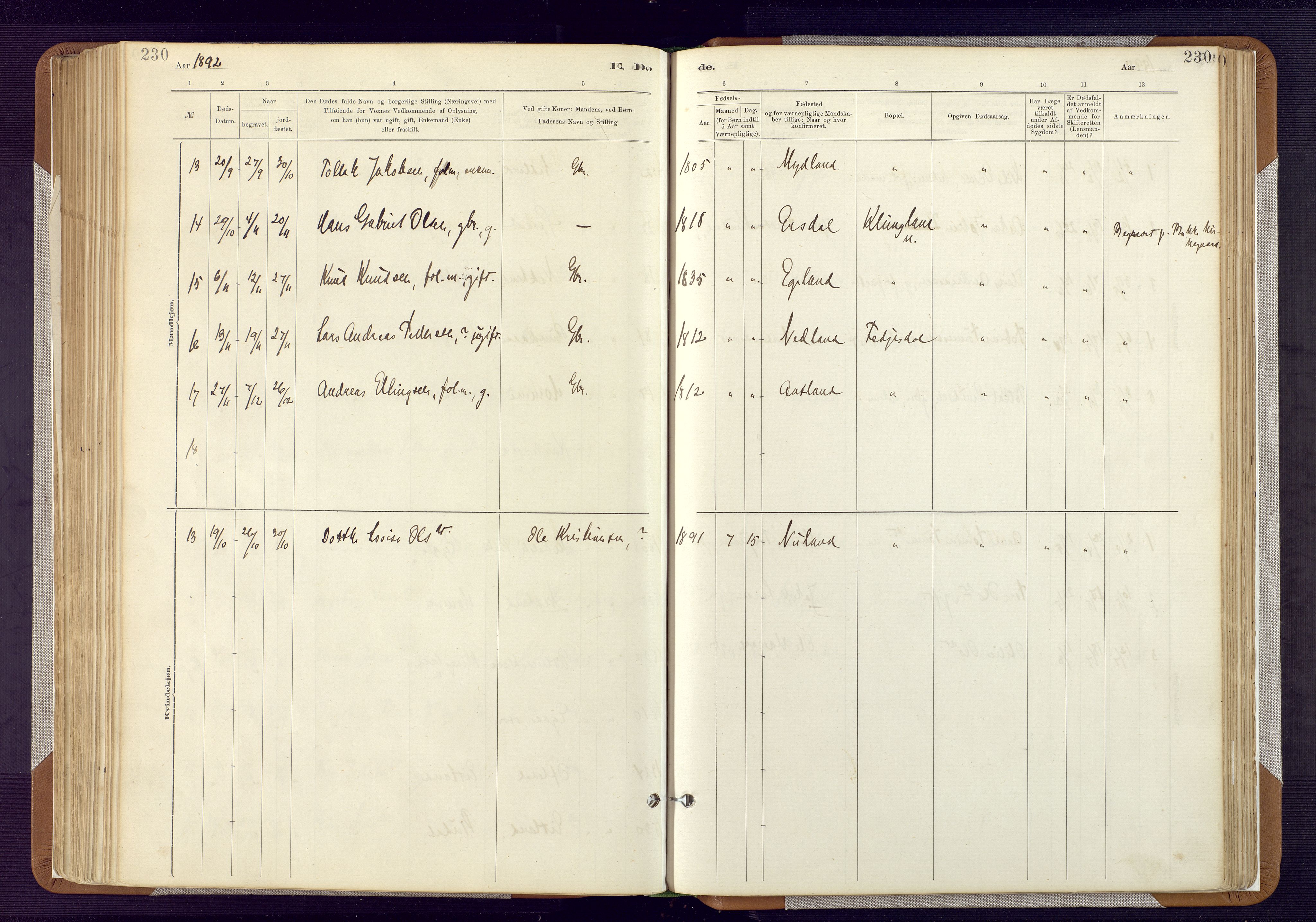 Bakke sokneprestkontor, AV/SAK-1111-0002/F/Fa/Fab/L0003: Ministerialbok nr. A 3, 1884-1921, s. 230
