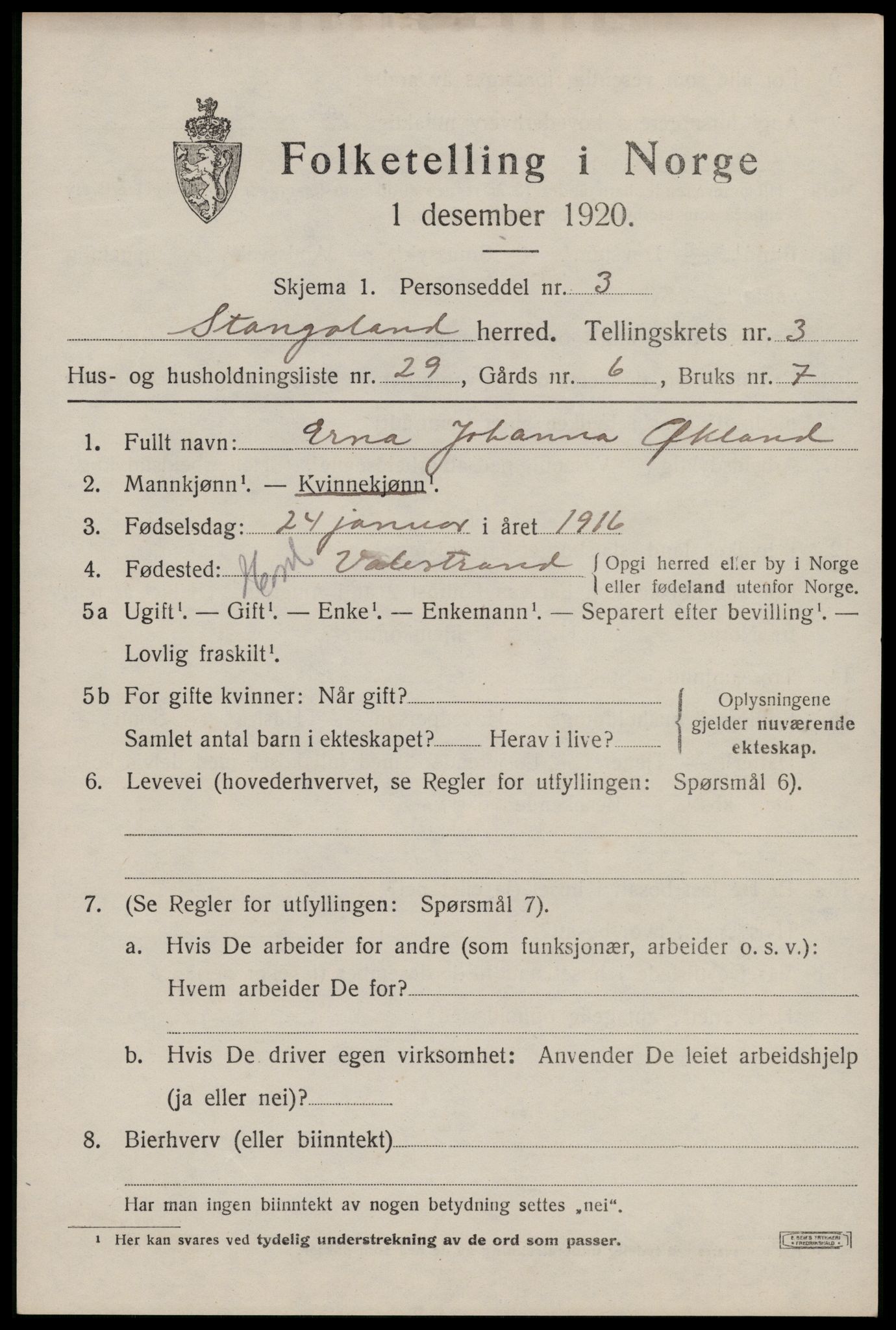 SAST, Folketelling 1920 for 1148 Stangaland herred, 1920, s. 2593