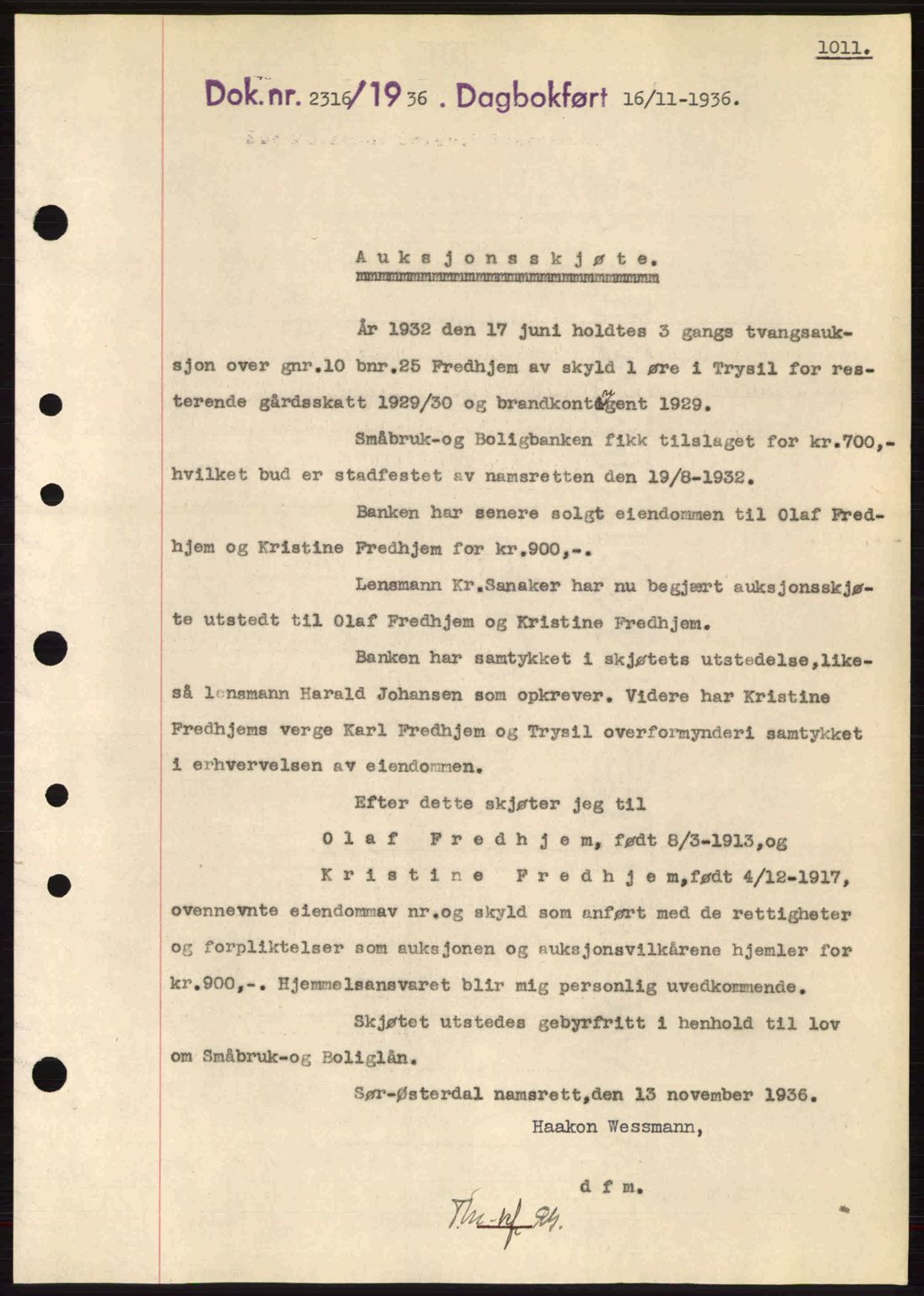 Sør-Østerdal sorenskriveri, SAH/TING-018/H/Hb/Hbb/L0054: Pantebok nr. A54, 1936-1936, Dagboknr: 2316/1936