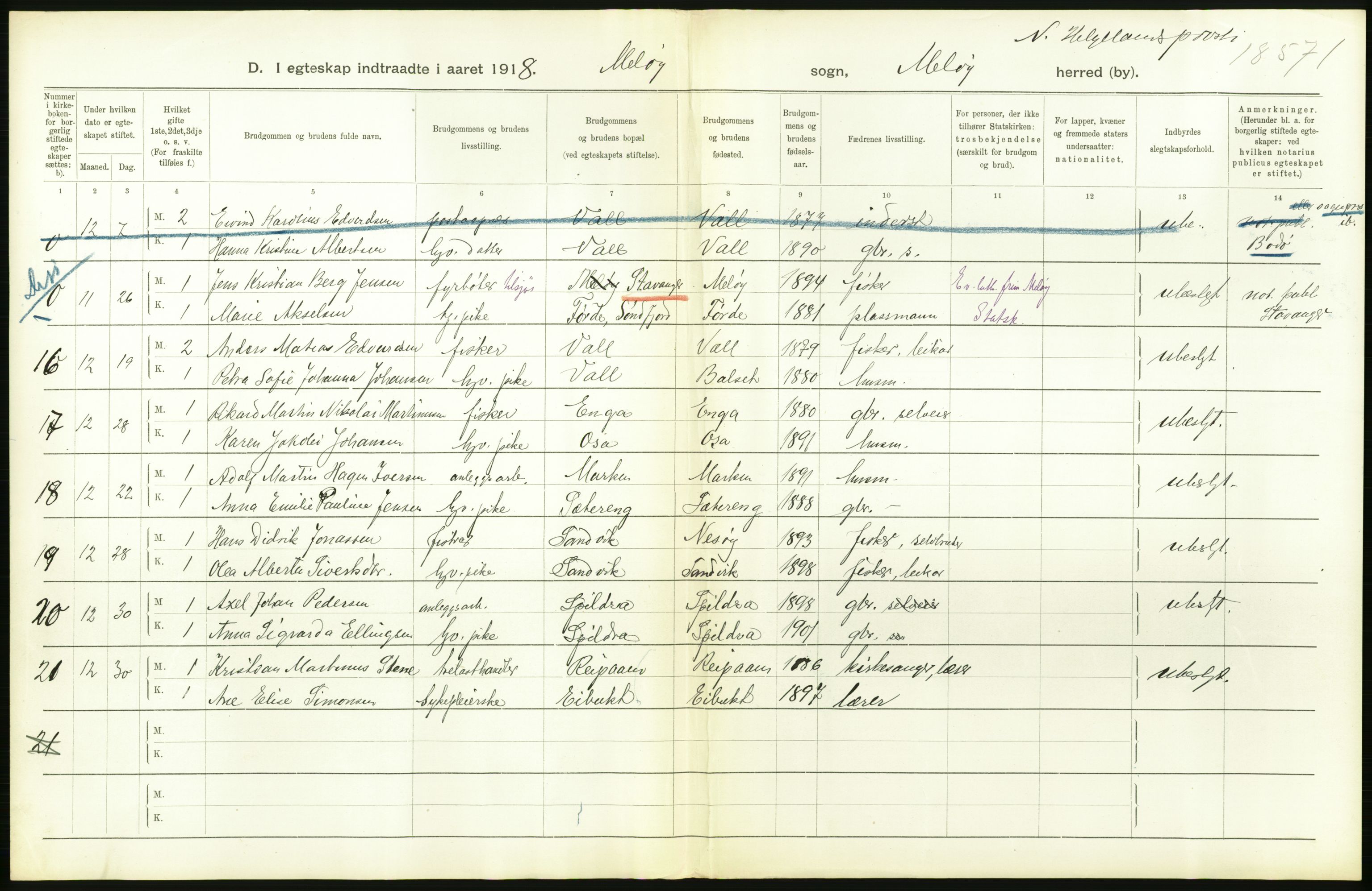 Statistisk sentralbyrå, Sosiodemografiske emner, Befolkning, AV/RA-S-2228/D/Df/Dfb/Dfbh/L0054: Nordland fylke: Gifte, dødfødte. Bygder og byer., 1918, s. 116