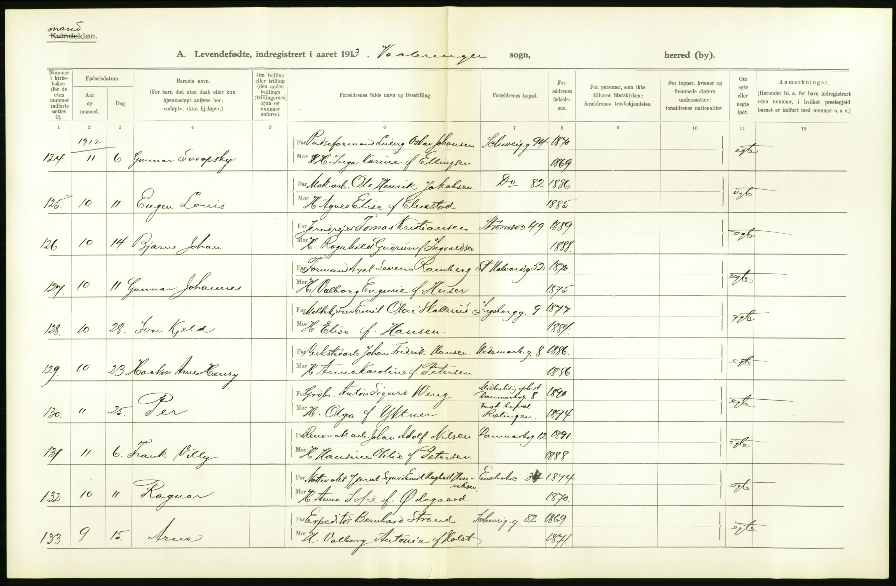 Statistisk sentralbyrå, Sosiodemografiske emner, Befolkning, RA/S-2228/D/Df/Dfb/Dfbc/L0007: Kristiania: Levendefødte menn og kvinner., 1913, s. 338