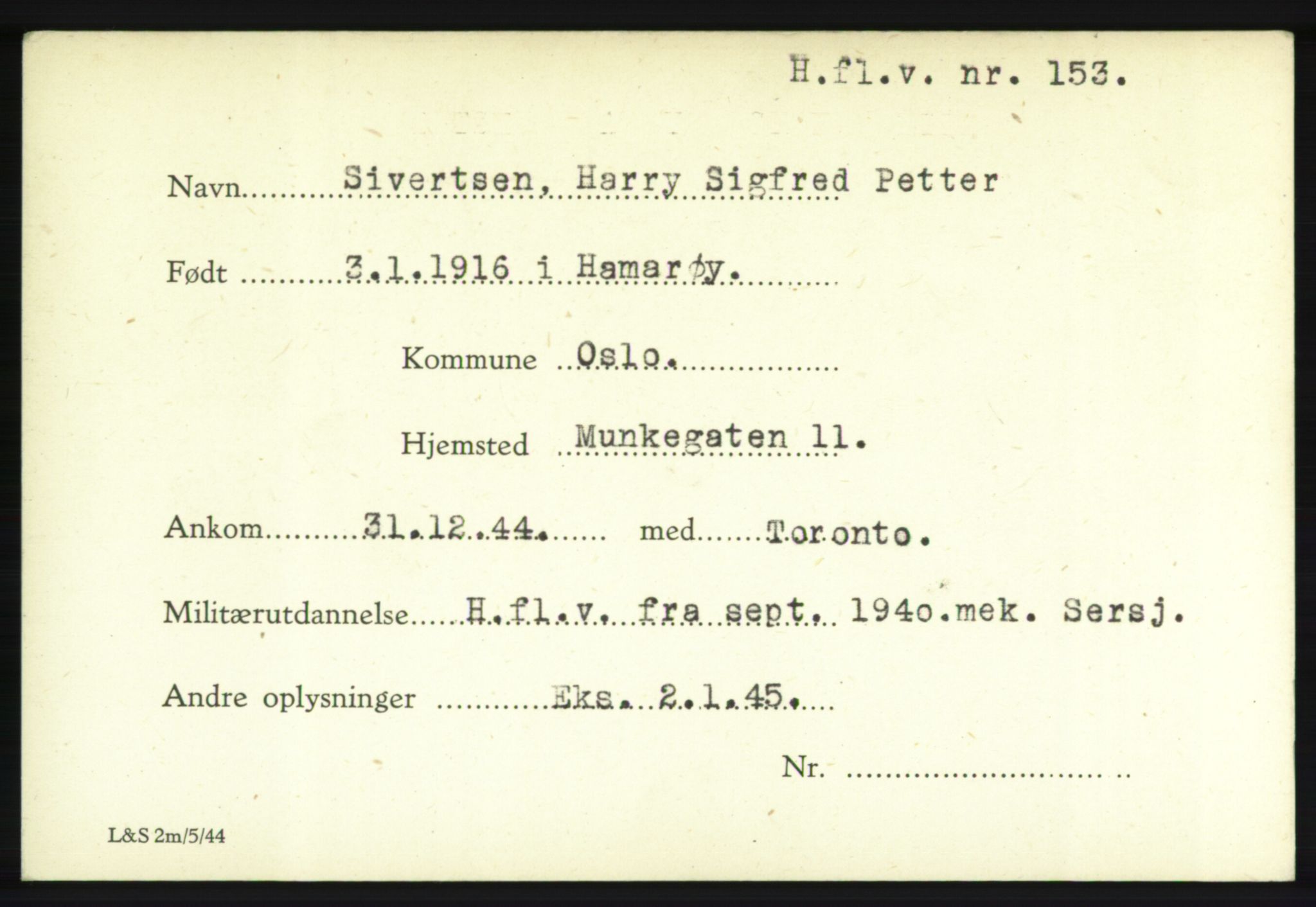 Forsvarets Overkommando. 2. kontor. Arkiv 8.1. Mottakersentralen FDE og FO.II, RA/RAFA-6952/P/Pa/L0018: Sivertsen - Storli, 1940-1945