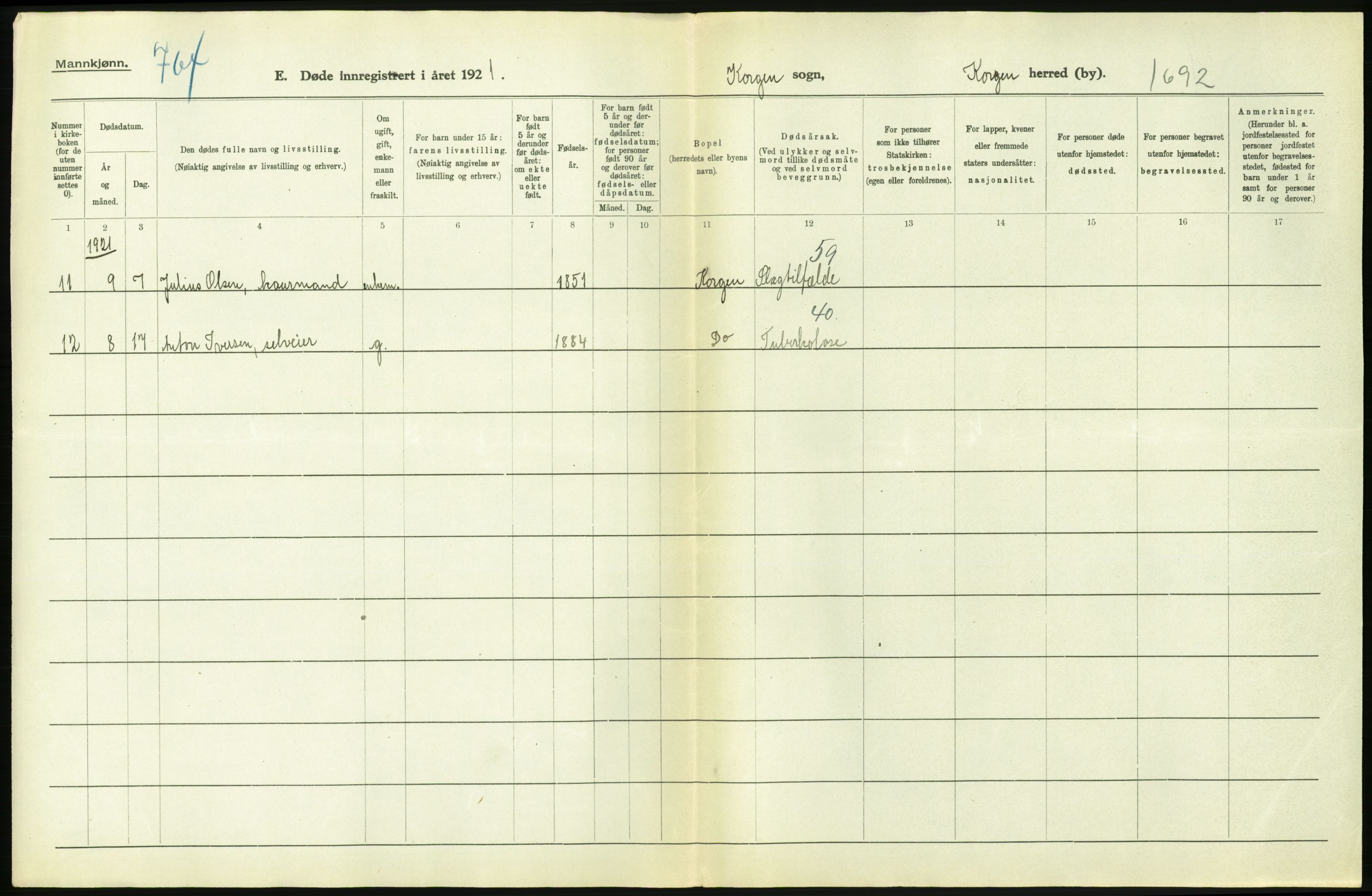 Statistisk sentralbyrå, Sosiodemografiske emner, Befolkning, AV/RA-S-2228/D/Df/Dfc/Dfca/L0051: Nordland fylke: Døde. Bygder og byer., 1921