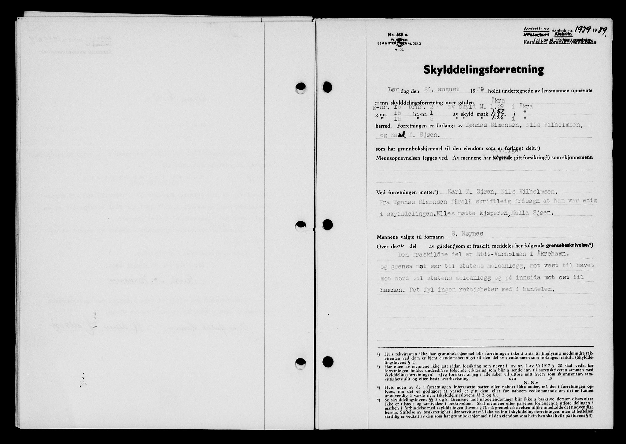 Karmsund sorenskriveri, SAST/A-100311/01/II/IIB/L0072: Pantebok nr. 53A, 1939-1940, Dagboknr: 1939/1939