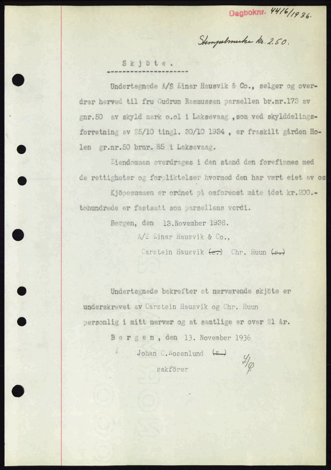 Midhordland sorenskriveri, SAB/A-3001/1/G/Gb/Gbk/L0001: Pantebok nr. A1-6, 1936-1937, Dagboknr: 4416/1936