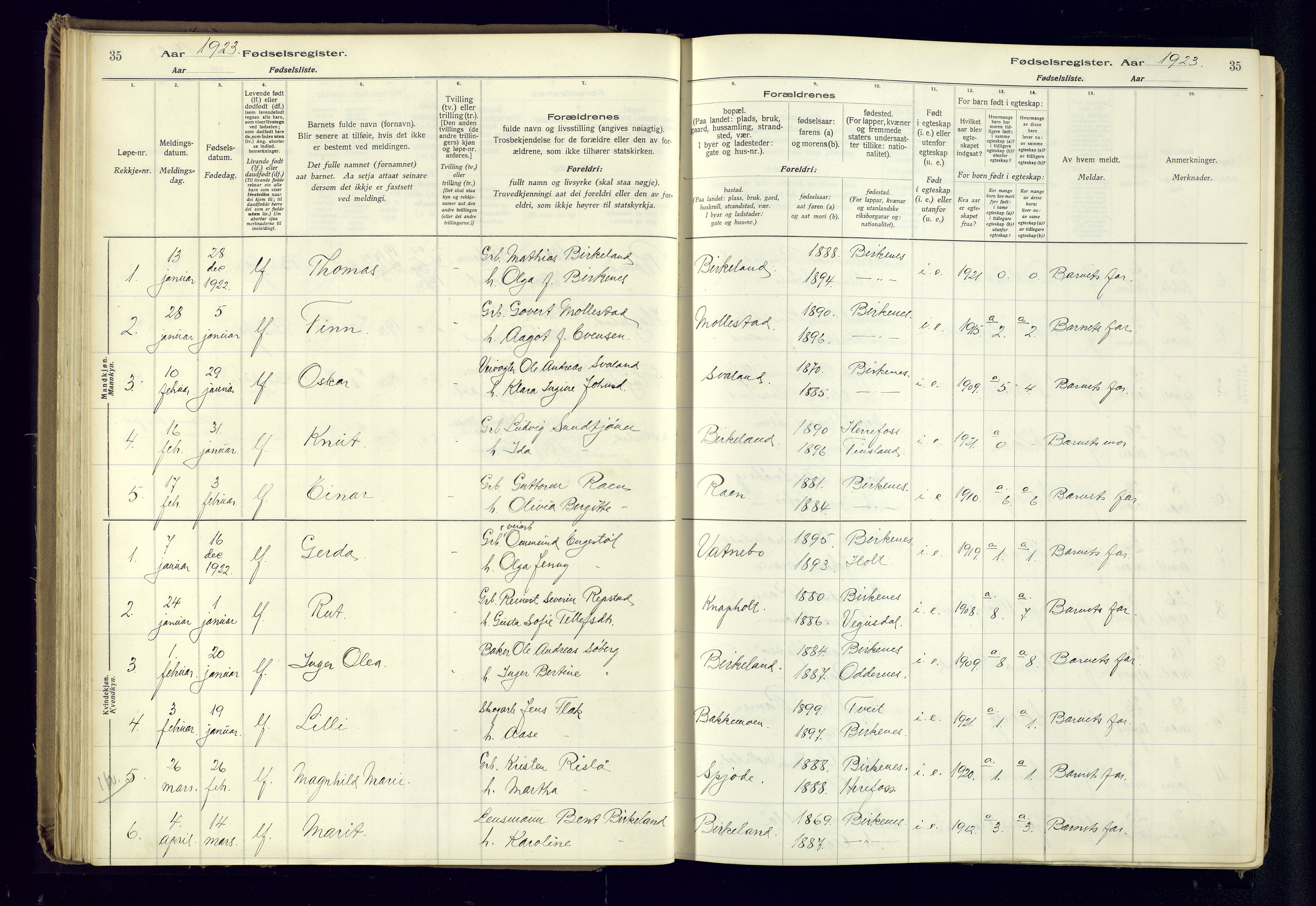Birkenes sokneprestkontor, SAK/1111-0004/J/Ja/L0001: Fødselsregister nr. II.6.4, 1916-1962, s. 35