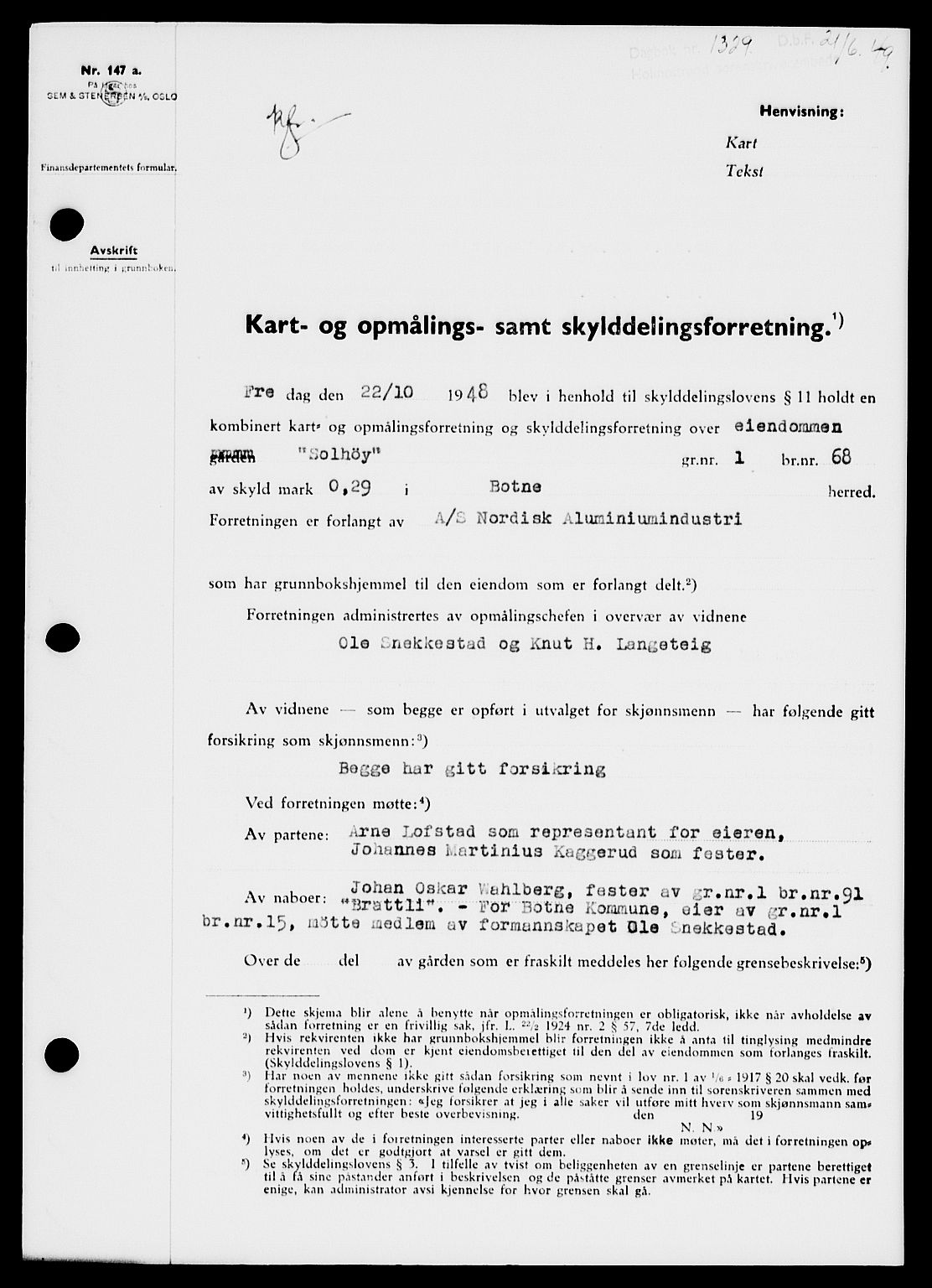 Holmestrand sorenskriveri, SAKO/A-67/G/Ga/Gaa/L0066: Pantebok nr. A-66, 1949-1949, Dagboknr: 1329/1949
