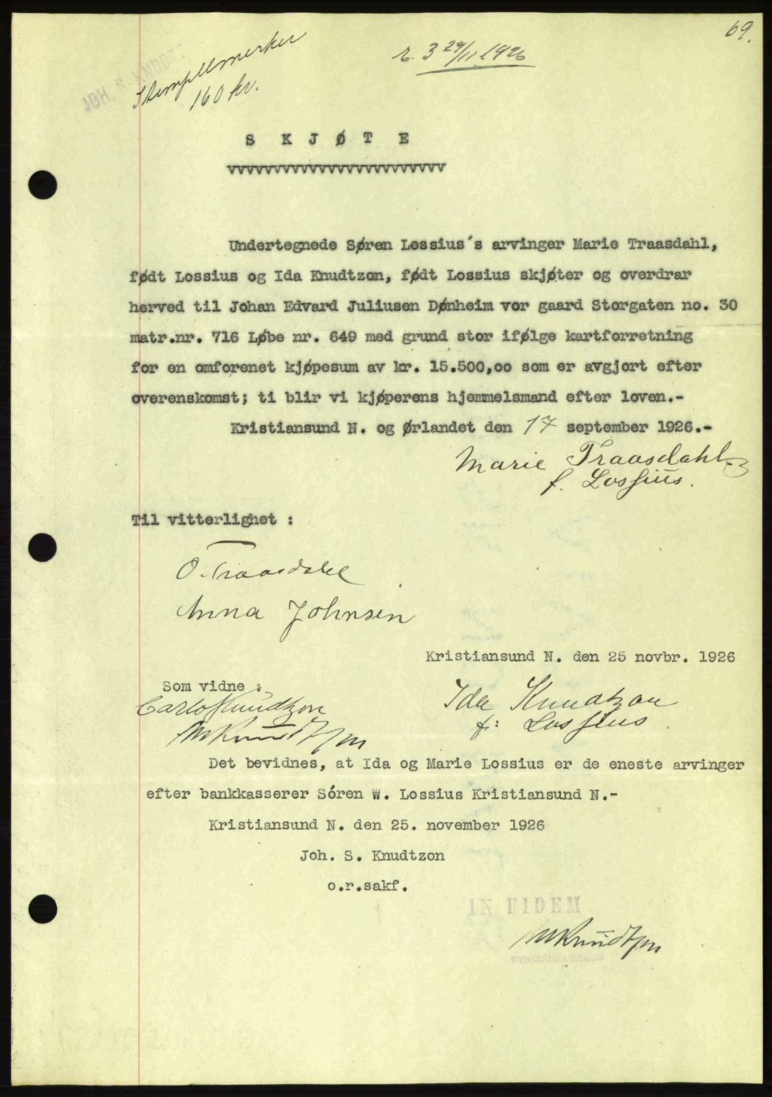 Kristiansund byfogd, AV/SAT-A-4587/A/27: Pantebok nr. 21, 1926-1928, Tingl.dato: 29.11.1926