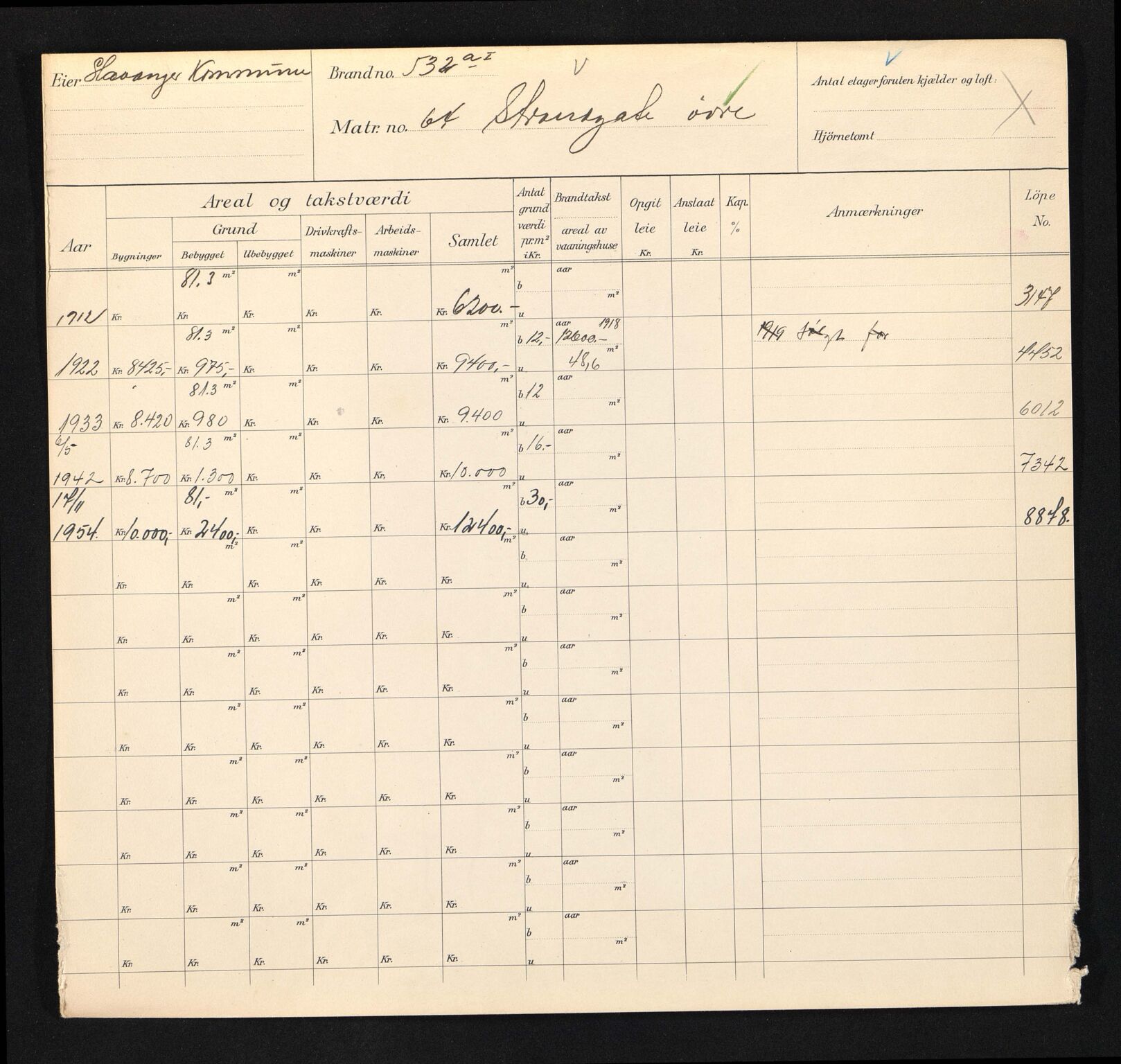 Stavanger kommune. Skattetakstvesenet, BYST/A-0440/F/Fa/Faa/L0047/0004: Skattetakstkort / Øvre Strandgate 63 - 85