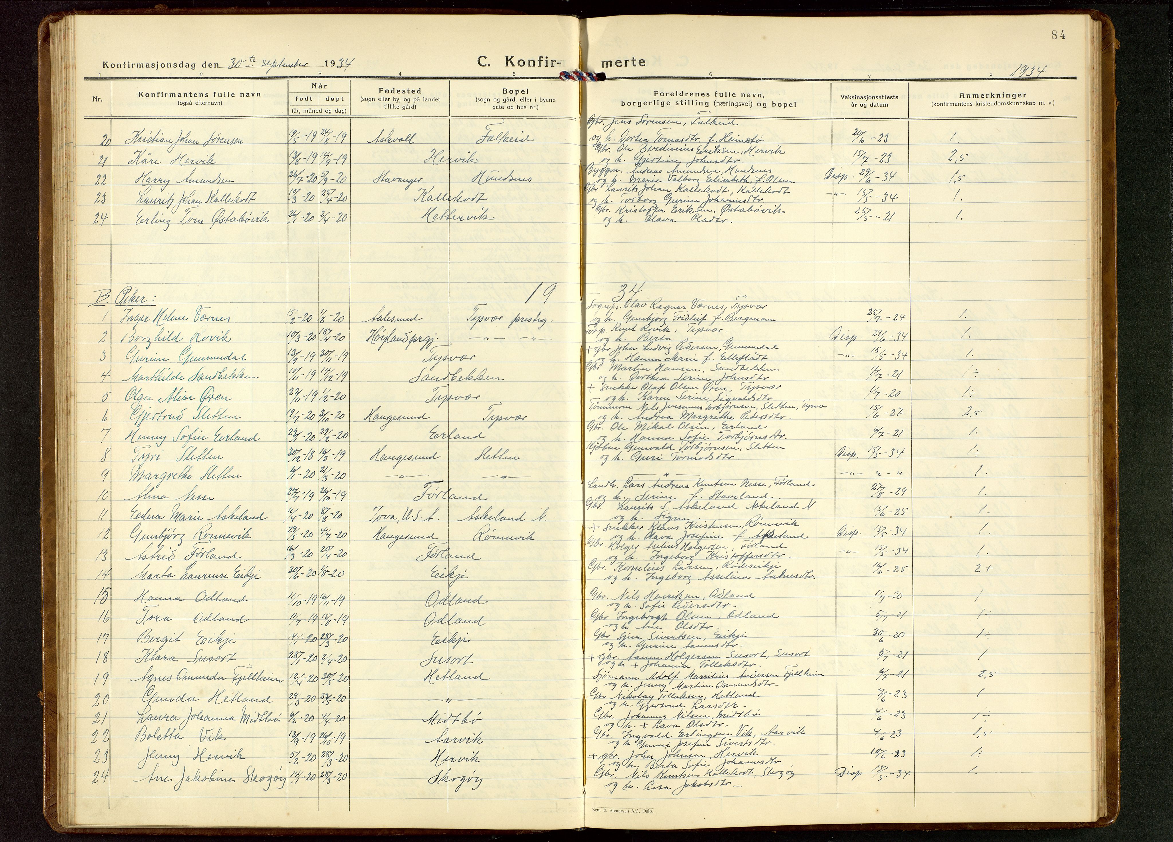 Tysvær sokneprestkontor, AV/SAST-A -101864/H/Ha/Hab/L0006: Klokkerbok nr. B 6, 1932-1946, s. 84