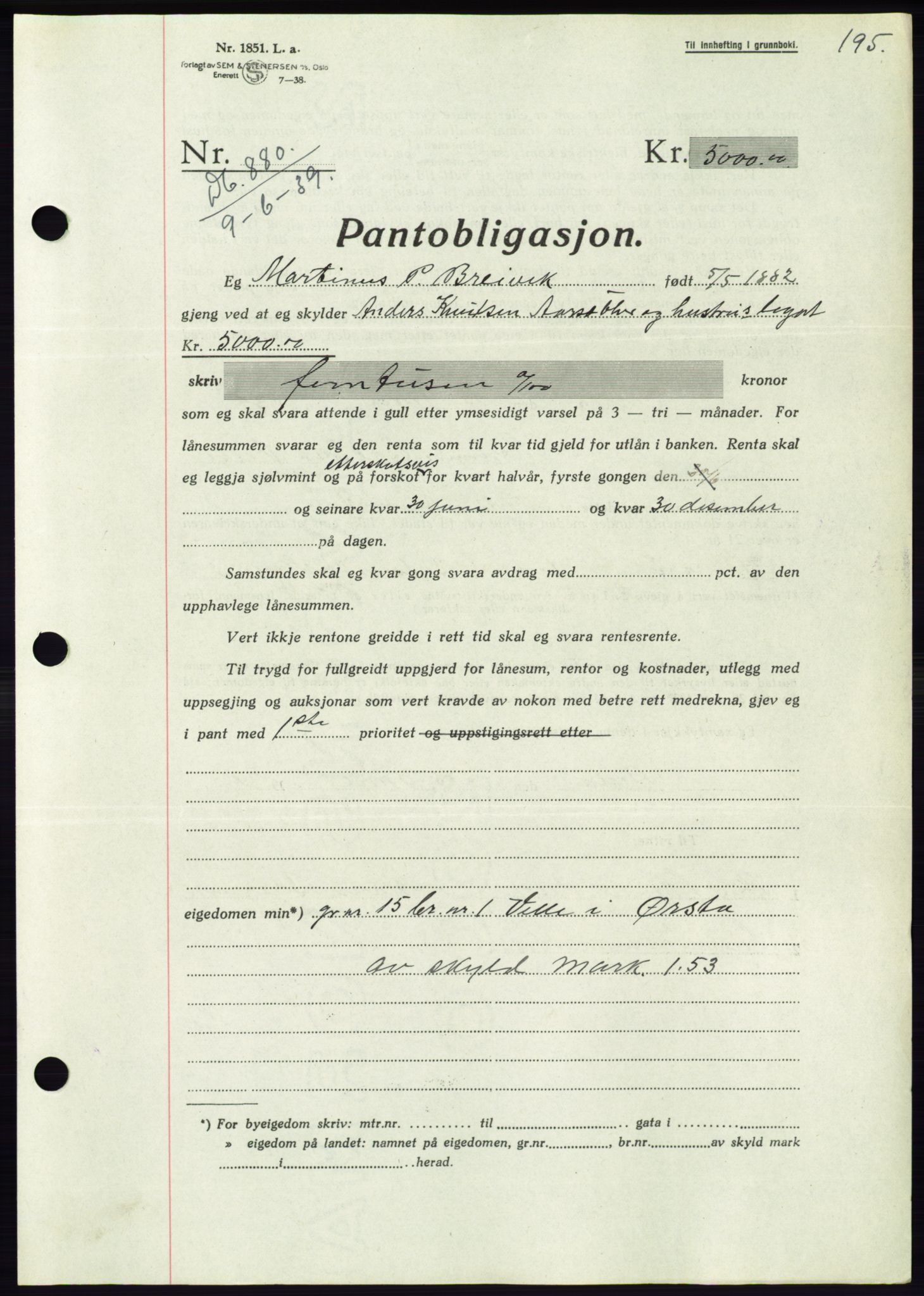 Søre Sunnmøre sorenskriveri, AV/SAT-A-4122/1/2/2C/L0068: Pantebok nr. 62, 1939-1939, Dagboknr: 880/1939